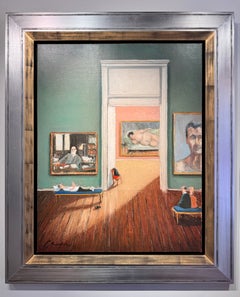 „Kostenlose Therapiesitzung“ – Humorvolles, zeitgenössisches Interieur, figuratives Ölgemälde