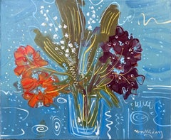 'Ier Mai' Mediterranean still life painting of red , purple flowers, vivid blue