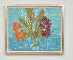 'Ier Mai' Mediterranean still life painting of red , purple flowers, vivid blue