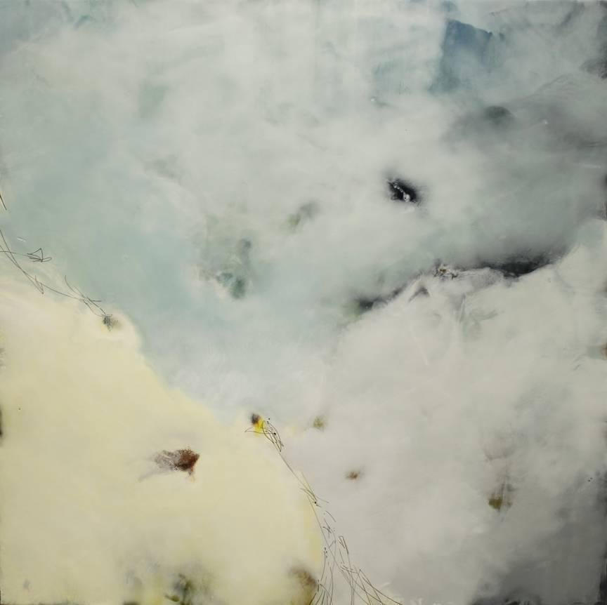 "Into the All" is a large abstract encaustic painting created by artist Mel Rea in 2017. This painting features a palette of light blues, soft yellows, and white, with hints of brown and black. Rea is well known for her process of encaustic painting