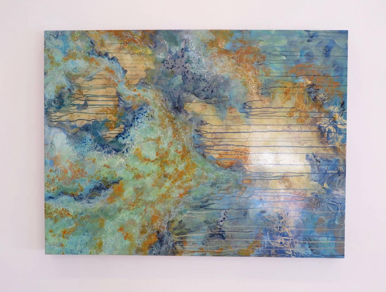 Abstract blue and green painting by New Mexico artist Bonnie Teitelbaum

