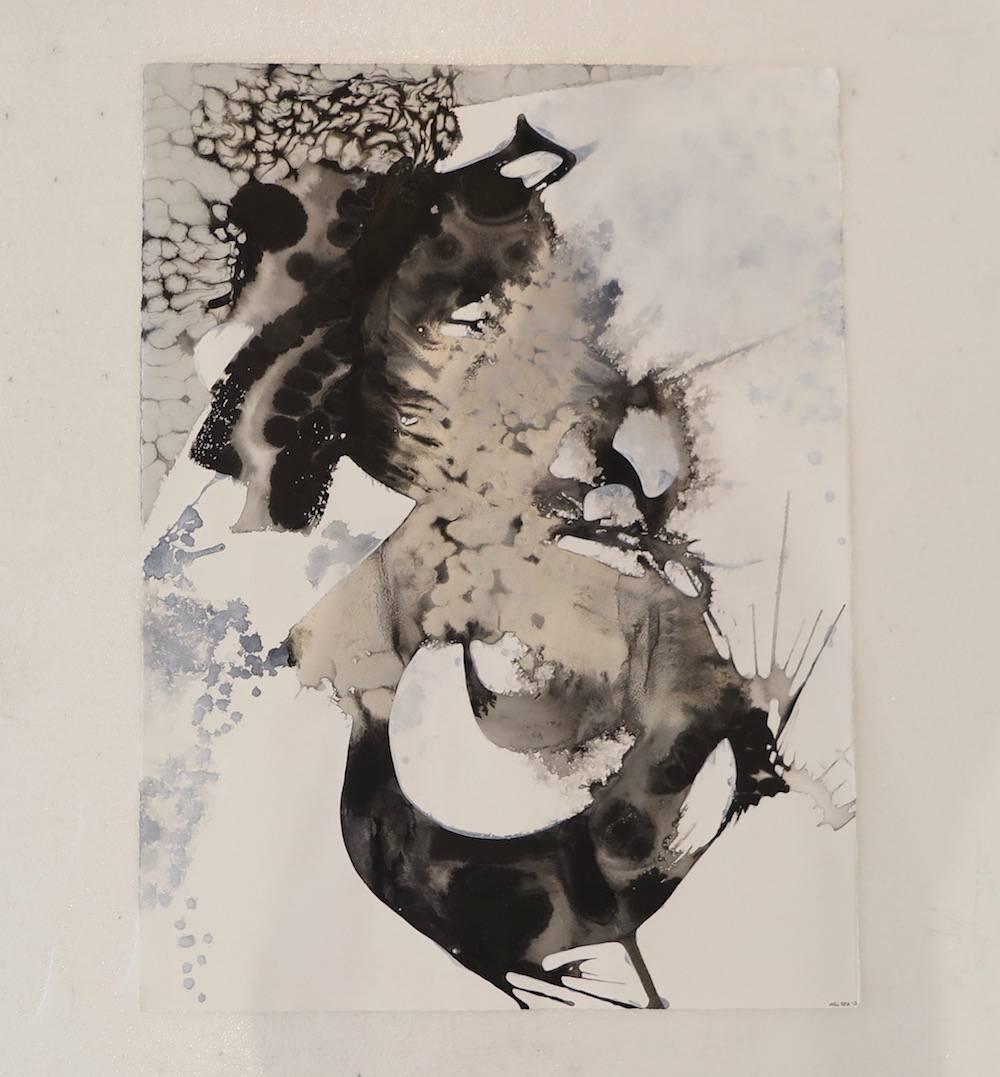 Quiet the White I, Black and White Abstract Painting on Paper (Unframed) For Sale 1
