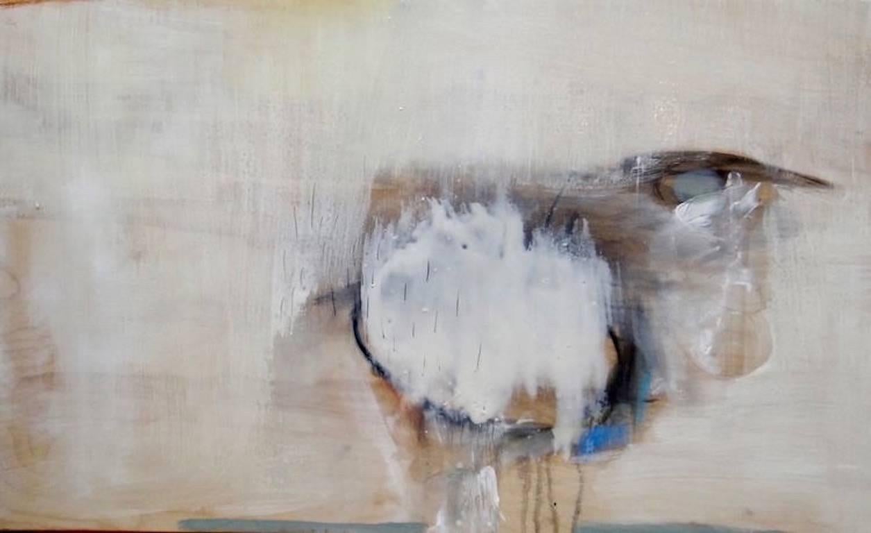 "Cloud" is a mid sized mixed media abstract painting on panel created by New Mexico artist Lauren Mantecón in 2016. This painting features a palette of cream and white, with hints of blue, black, and brown. It is signed and titled on the back,