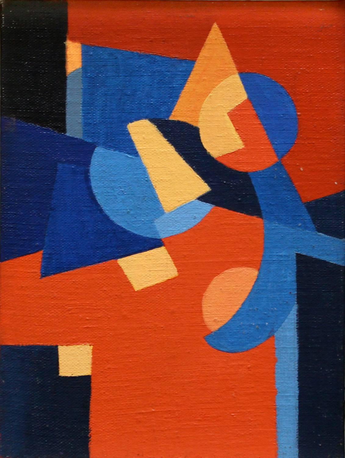 Anita Payró Abstract Painting - Untitled Abstract Composition, red blue orange abstract oil painting on board