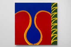 Untitled (A), abstract acrylic painting with red shapes on blue background 
