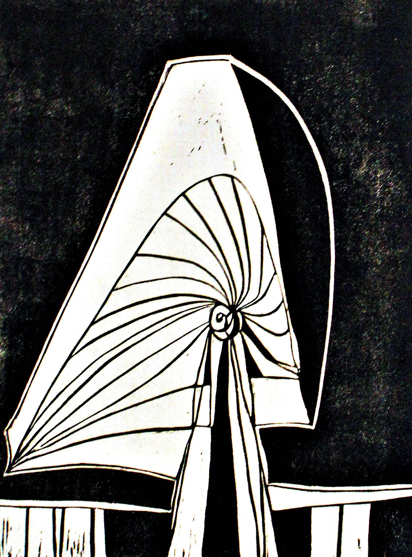 Samella Lewis Figurative Print - Heritage I, black and white woodcut print with mushroom-like shape 