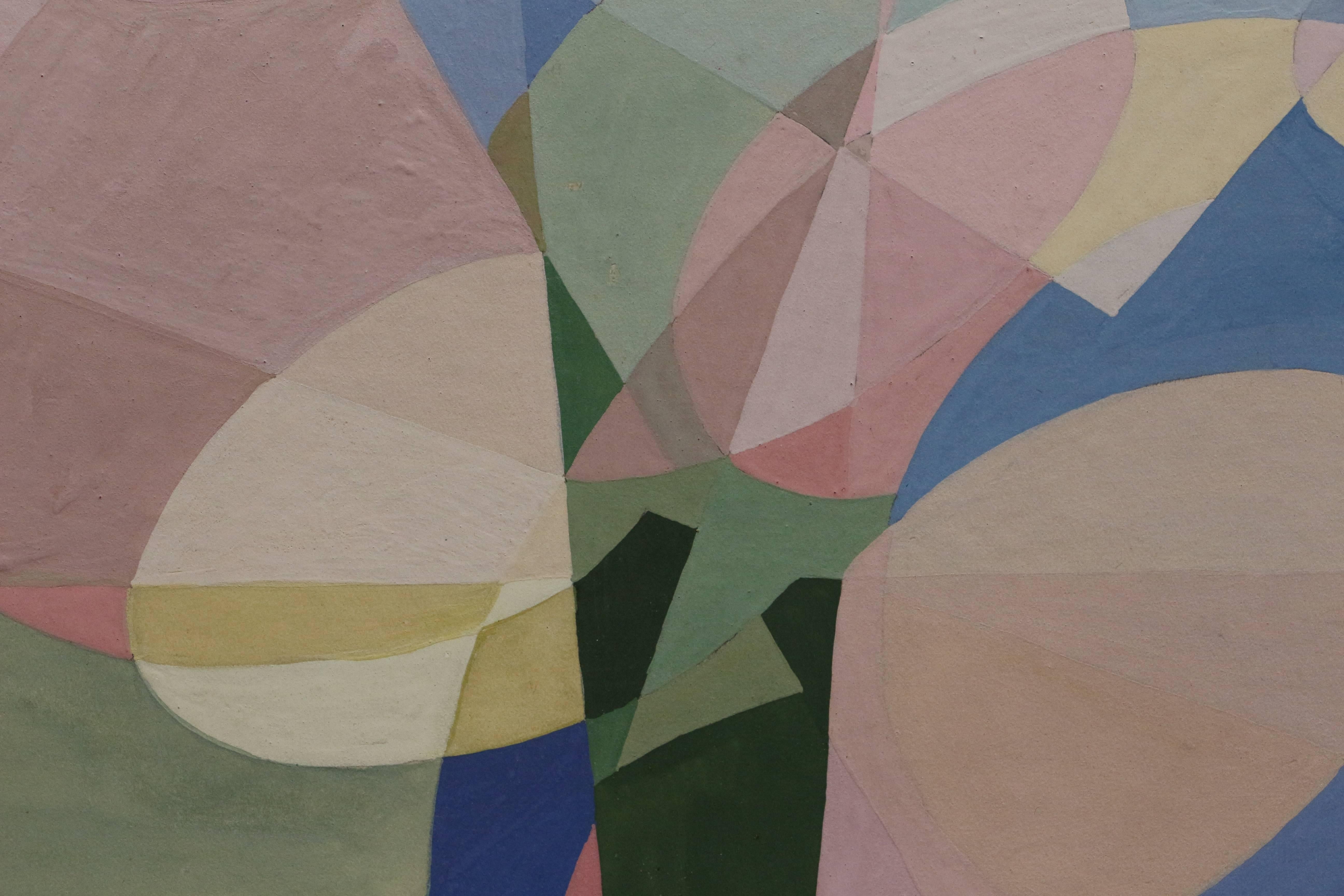 This abstract geometric painting depicts various shapes in a pastel and colorful composition with a central triangle angled downward. 

Argentinian painter Anita Payró (1897-1980) was heavily influenced by her artistic family and her educations in