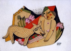 Young Girl and Dog, painting of young girl sitting with dog in front of a house
