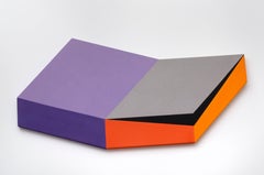 Turnabout, colorful geometric acrylic and clay painting on shaped canvas