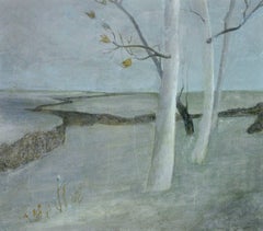 White Trees, small oil painting of white trees and a barren landscape