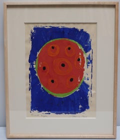 Black Eye, colorful work on paper with red circle and blue exterior 