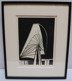 Heritage I, black and white woodcut print with mushroom-like shape