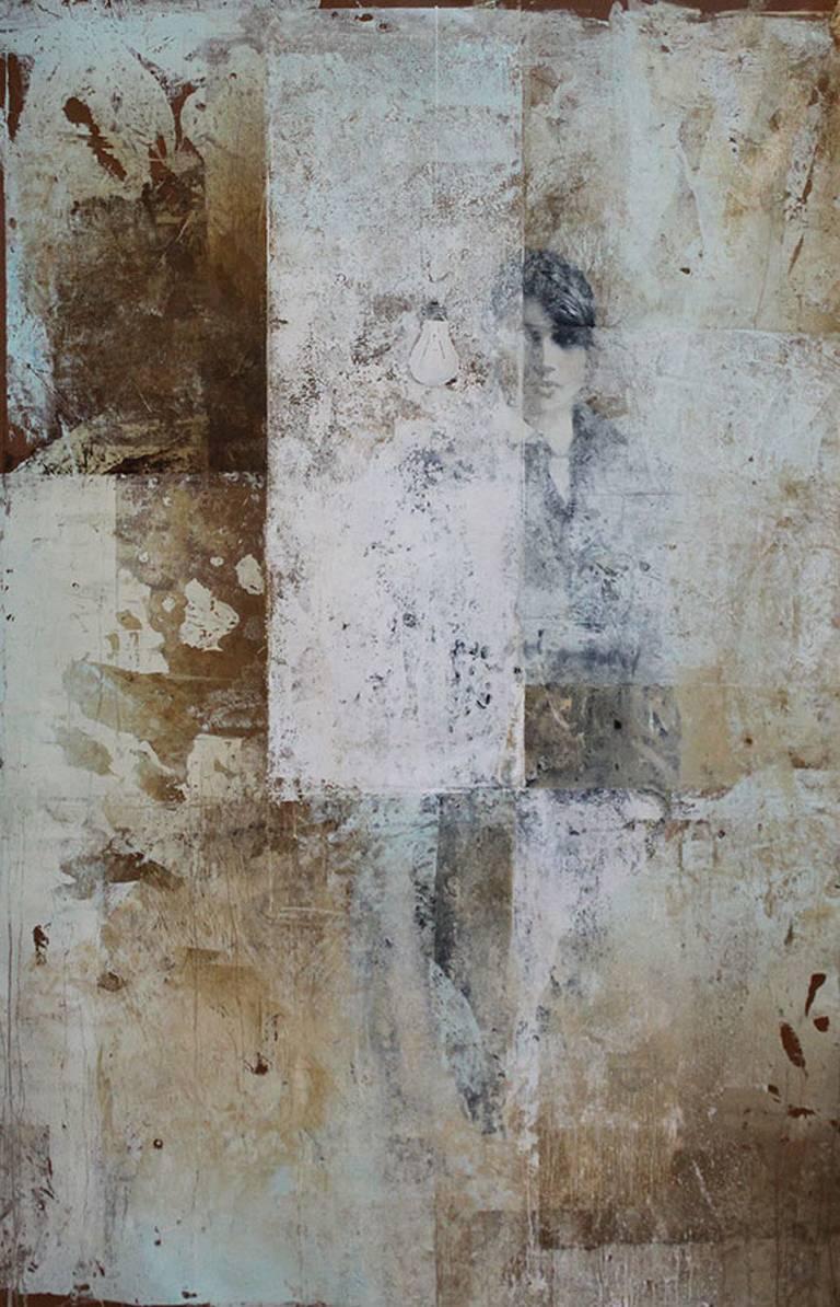Margit Füreder Figurative Painting – Hinter dem Licht, 2015, Öl auf Leinwand, 59" x 39"