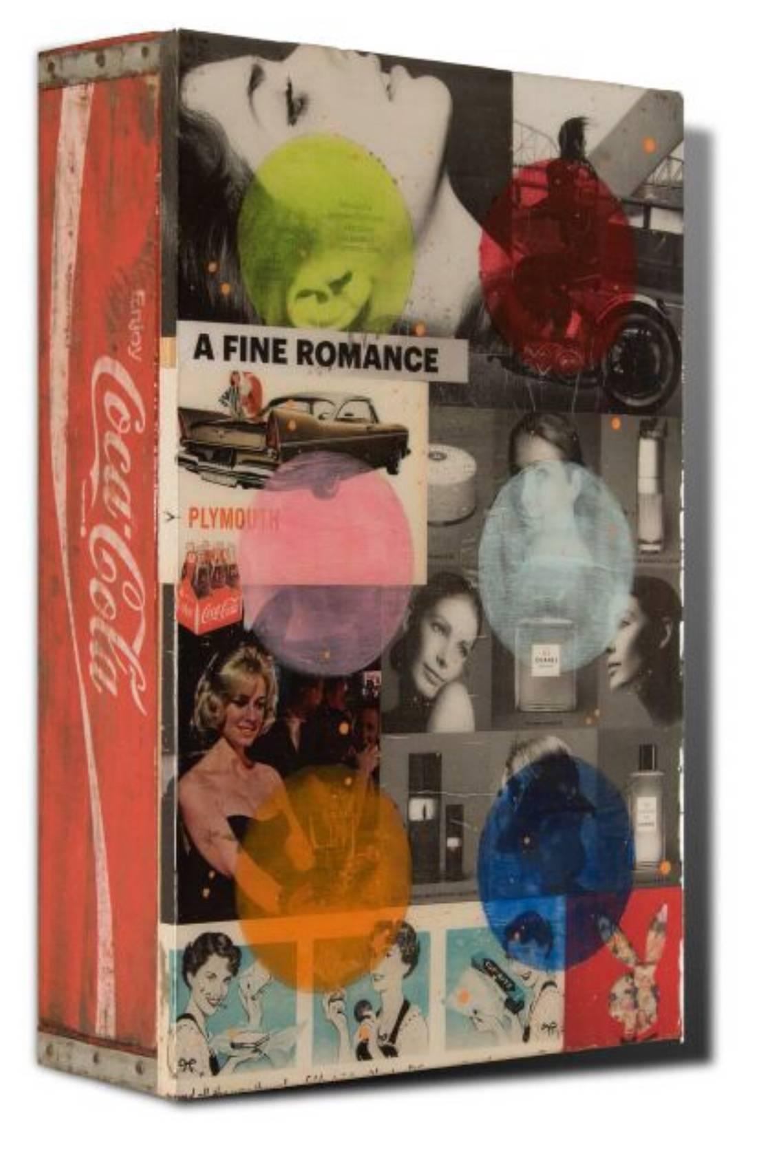 A Fine Romance, Pop Art Collage & Painting on Vintage Soda Crate - Mixed Media Art by John Joseph Hanright