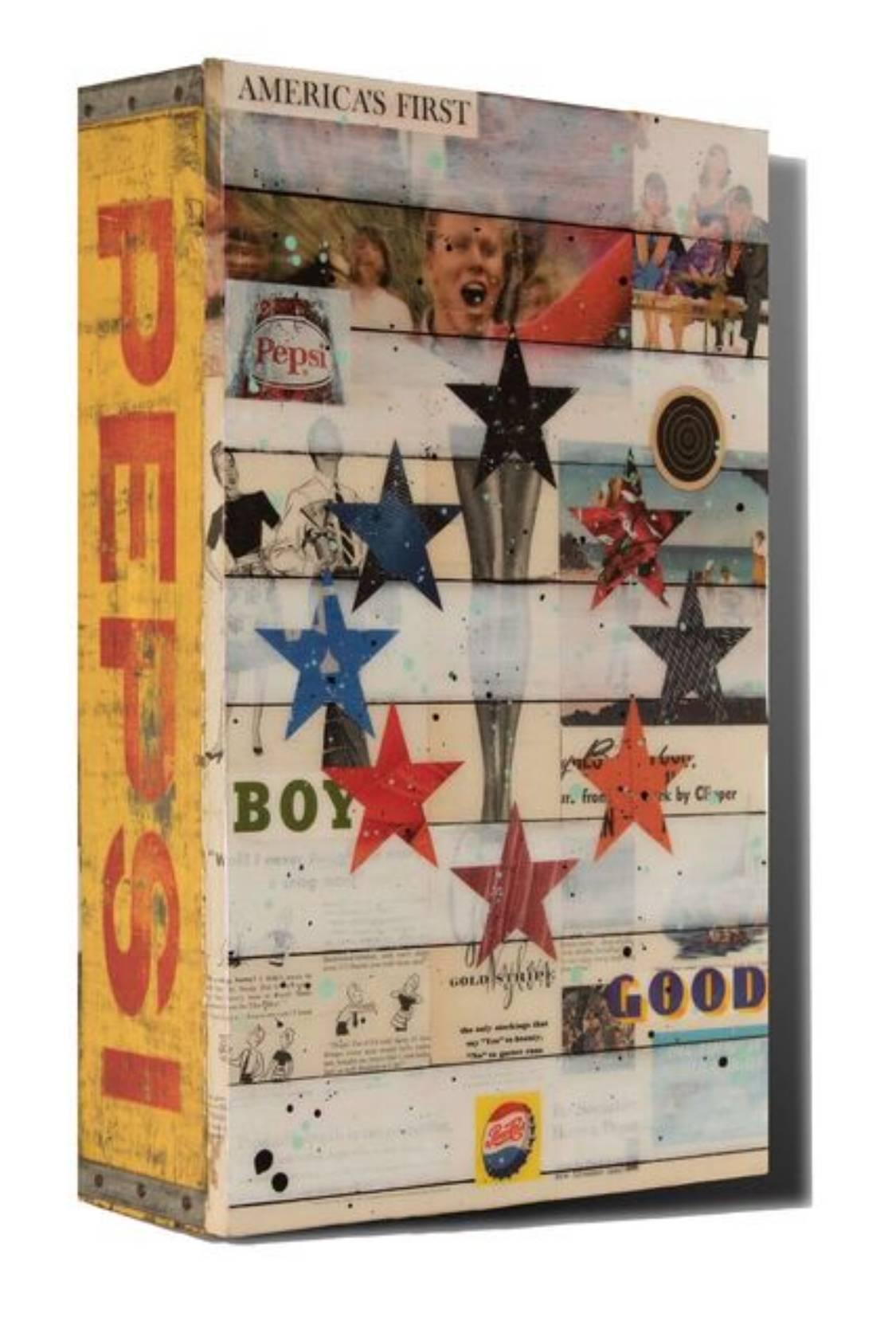 America's First, Pop Art Collage & Painting on Vintage Soda Crate - Mixed Media Art by John Joseph Hanright
