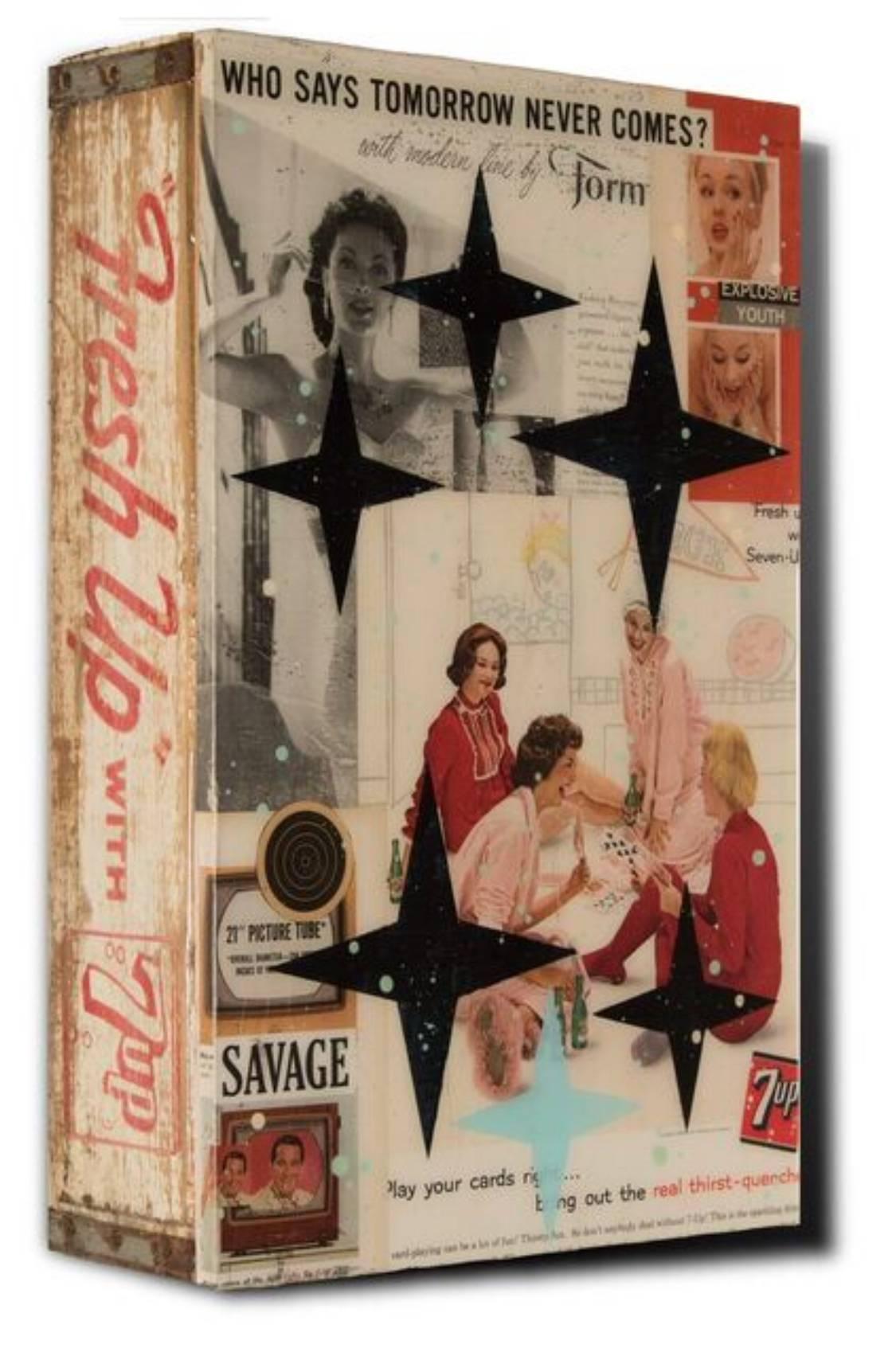 Who Says Tomorrow Never Comes, Pop Art Collage & Painting on Vintage Soda Crate - Mixed Media Art by John Joseph Hanright