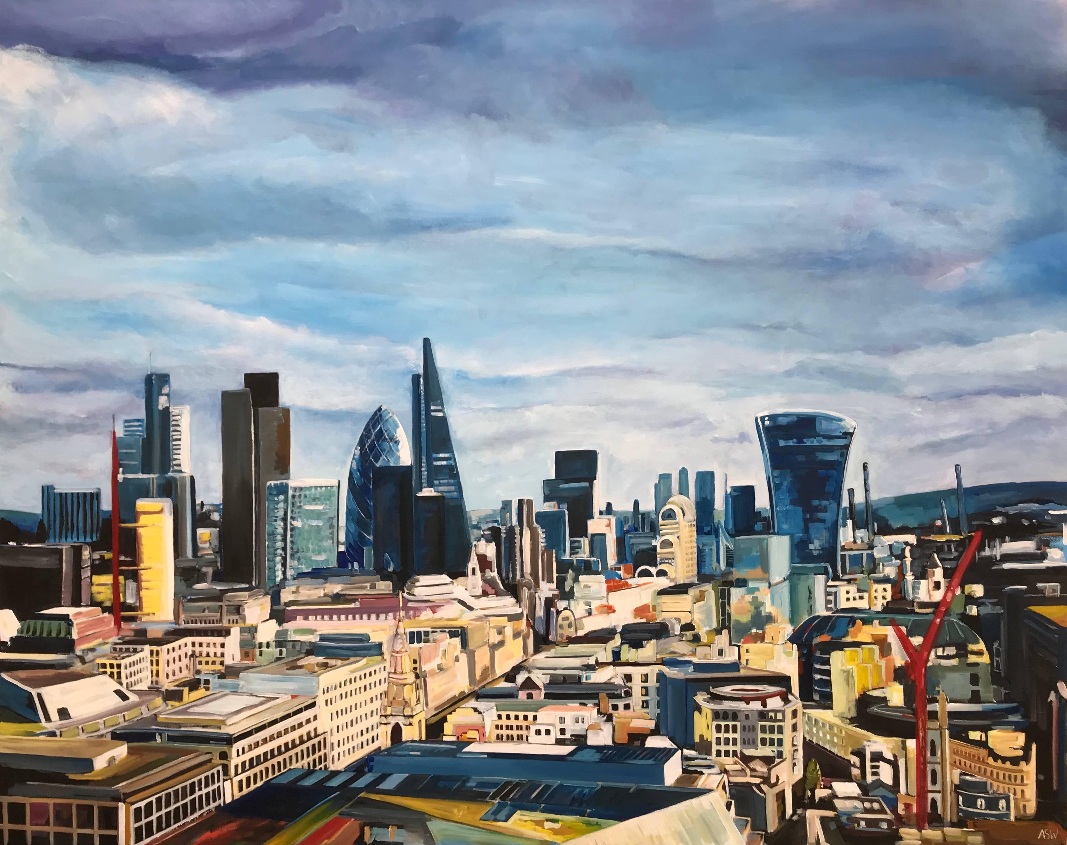 Angela Wakefield Landscape Painting - Original Painting City of the London Skyline by Collectible British Urban Artist