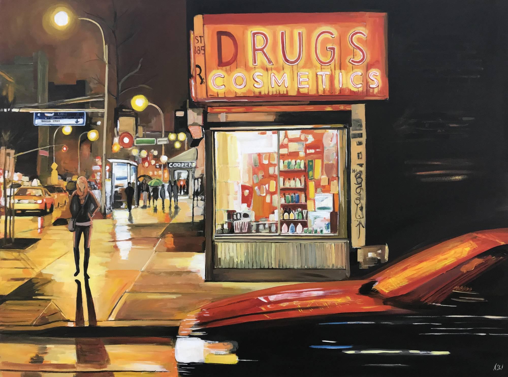 Angela Wakefield Figurative Painting - New York City Street Corner Painting by Leading British Urban Landscape Artist