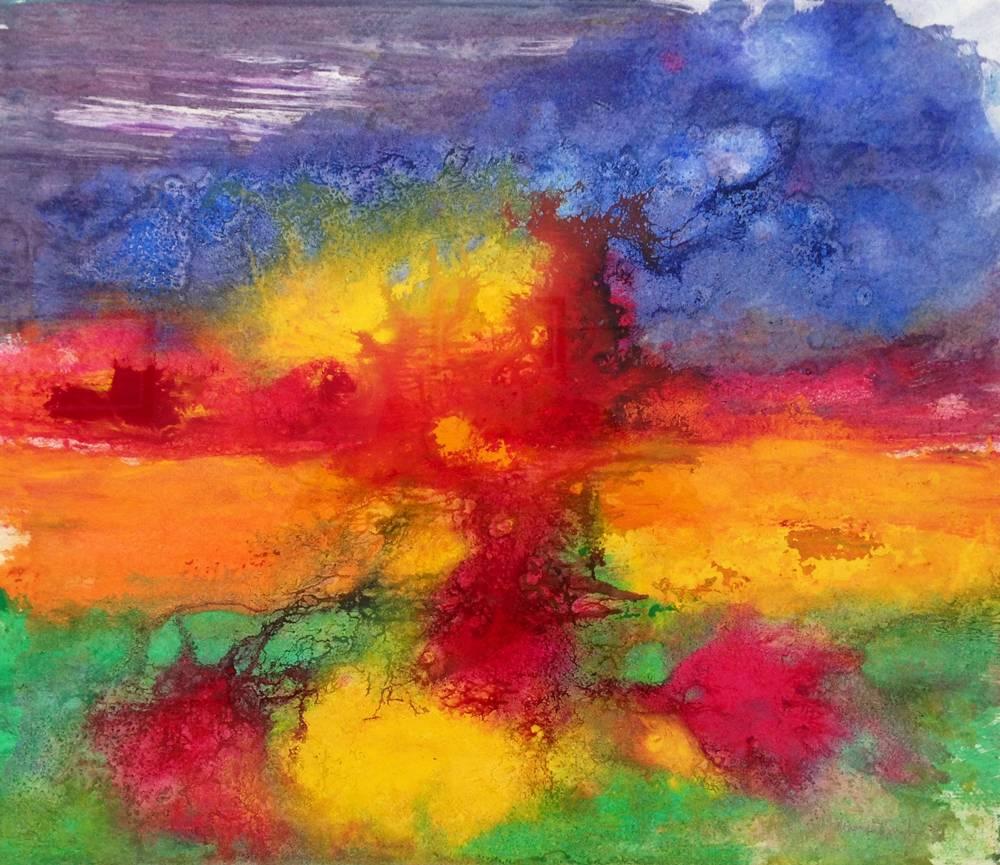 Abstract Painting di Margaret Francis - Pittura astratta 36 rosso arancio giallo verde colorata di un artista britannico