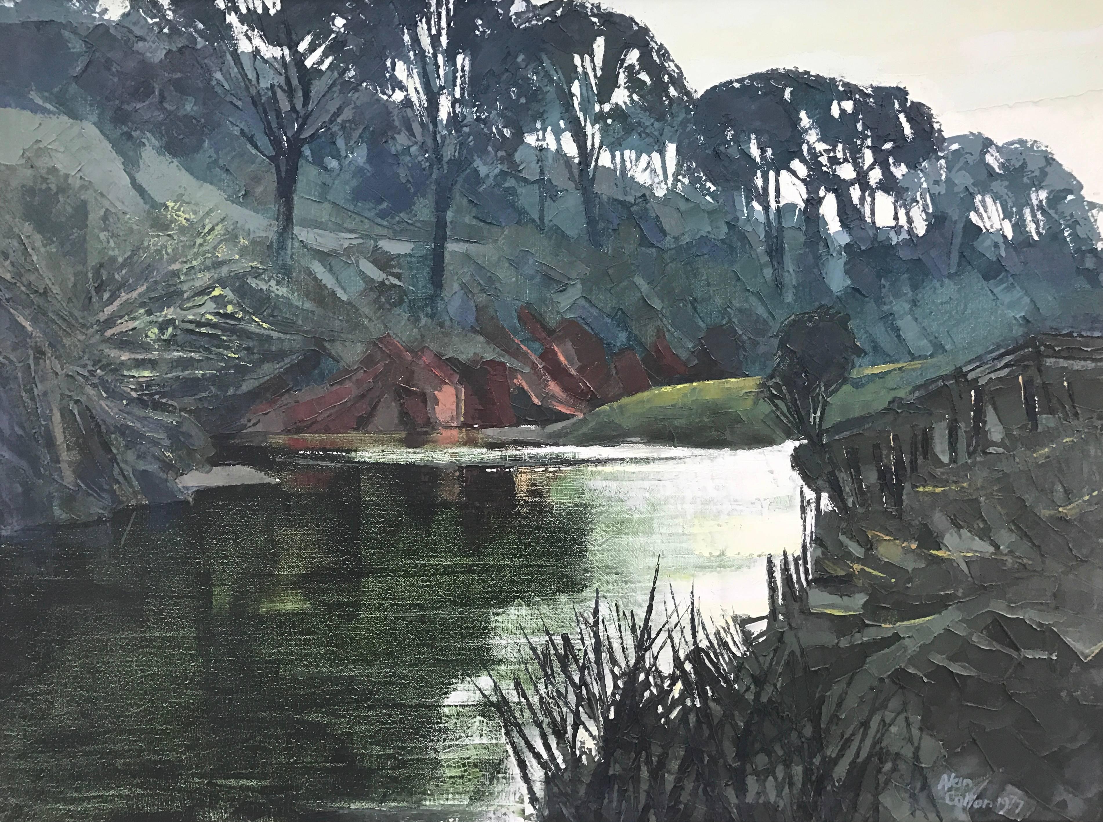 Original Impasto Oil Painting of English River Landscape by Royal British Artist - Gray Landscape Painting by Alan Cotton