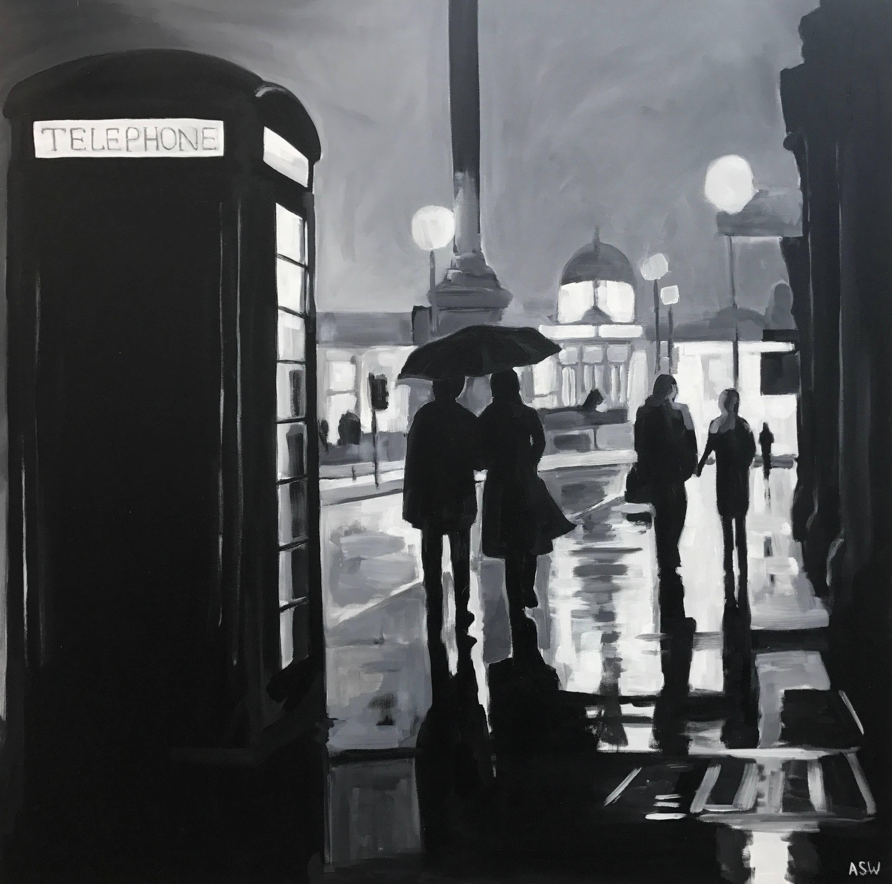 Painting of Trafalgar Square Rain London City by British Urban Landscape Artist 3