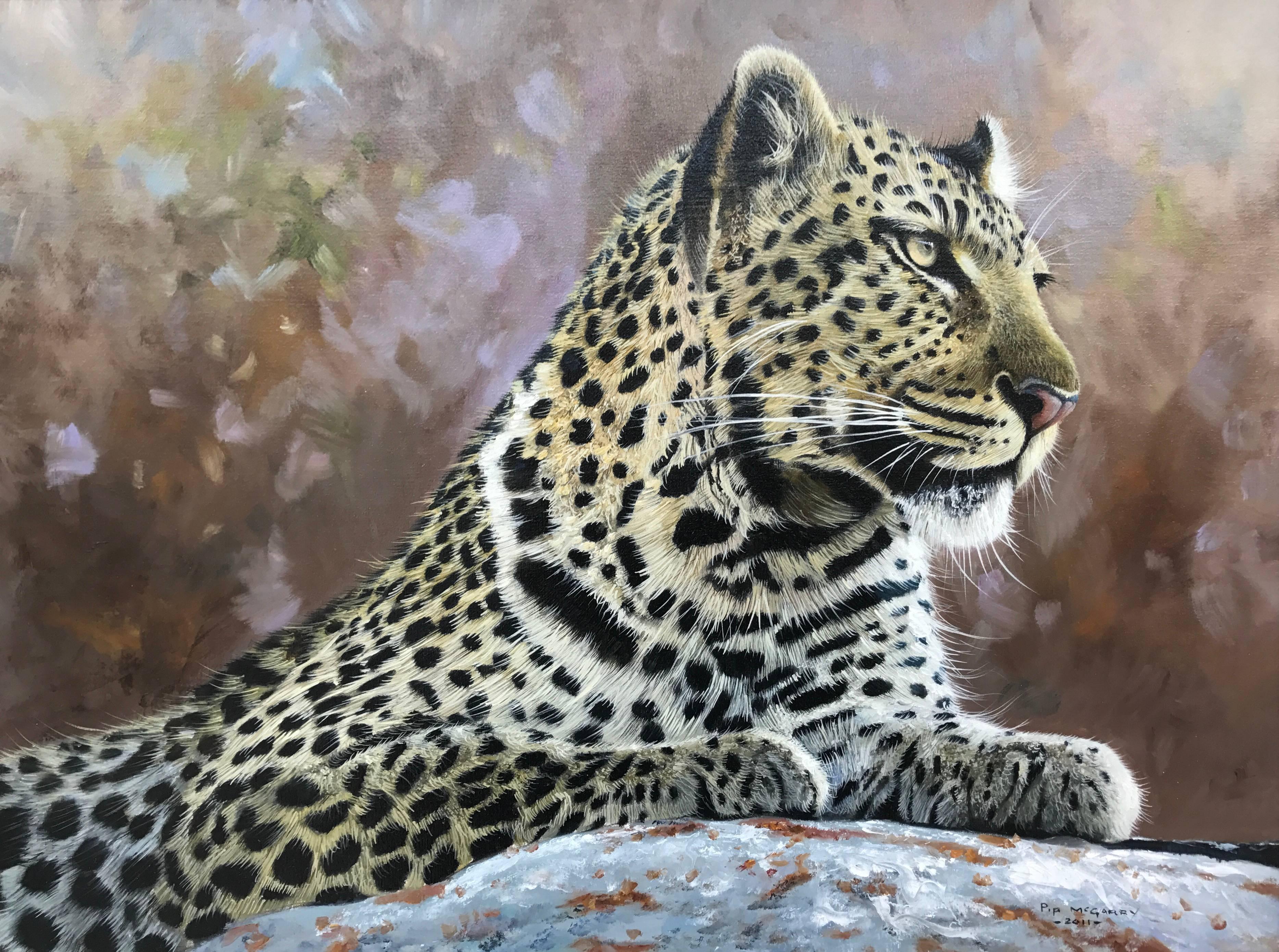Leopardenporträt, Wildkatze, Gemälde aus der britischen Tierwelt, Tigerkünstler – Painting von Pip McGarry