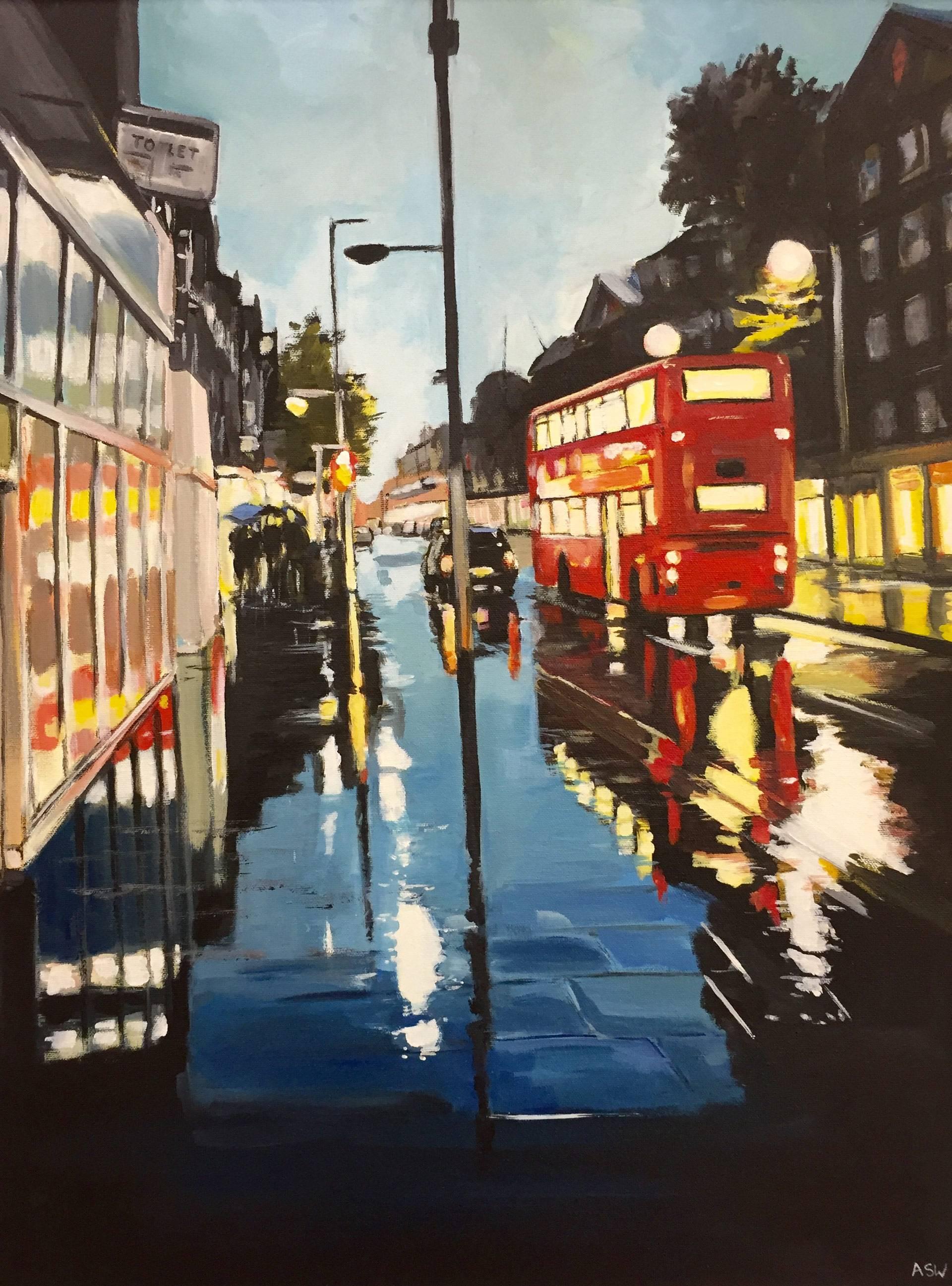 Angela Wakefield Landscape Painting - London Bus in the Rain - Cityscape by Leading British Urban Landscape Artist