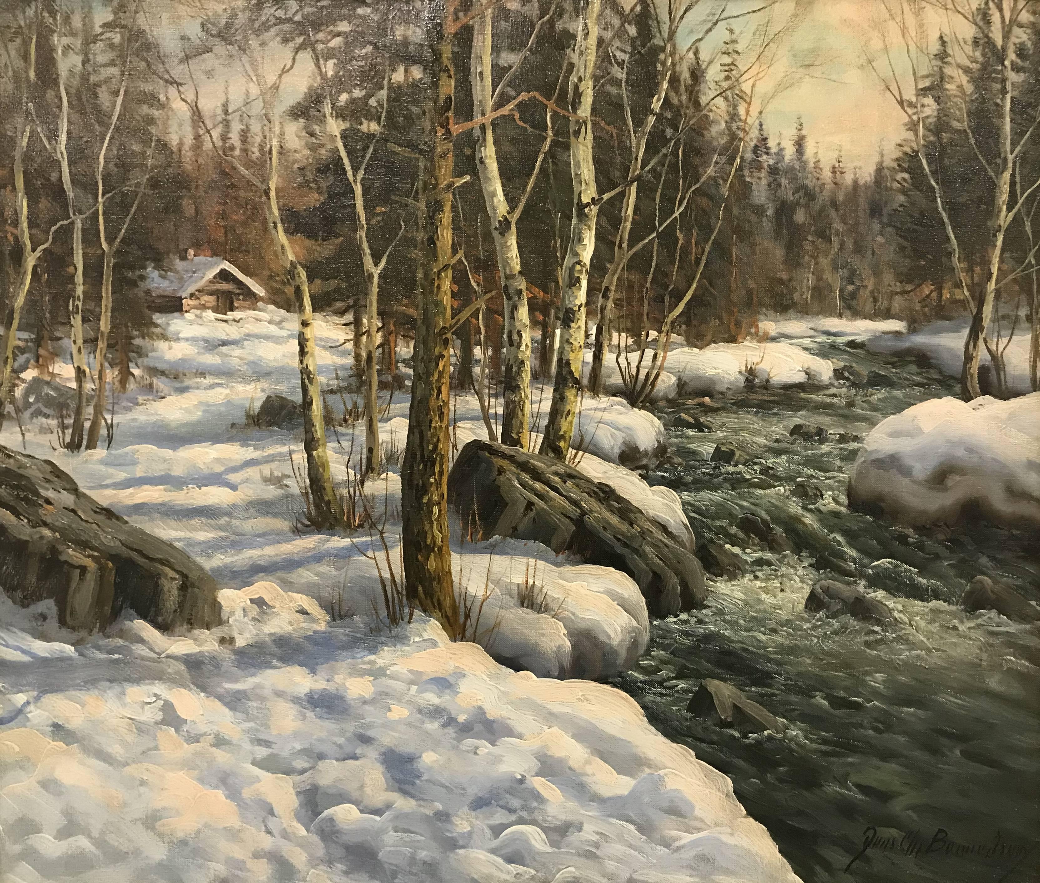 Jens Christian Bennedsen Landscape Painting - Original Painting - 'Stream in Winter Forest’ by Danish Landscape Artist