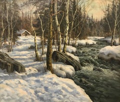 Original Originalgemälde - „Stream in Winterwald“ von dänischem Landschaftskünstler