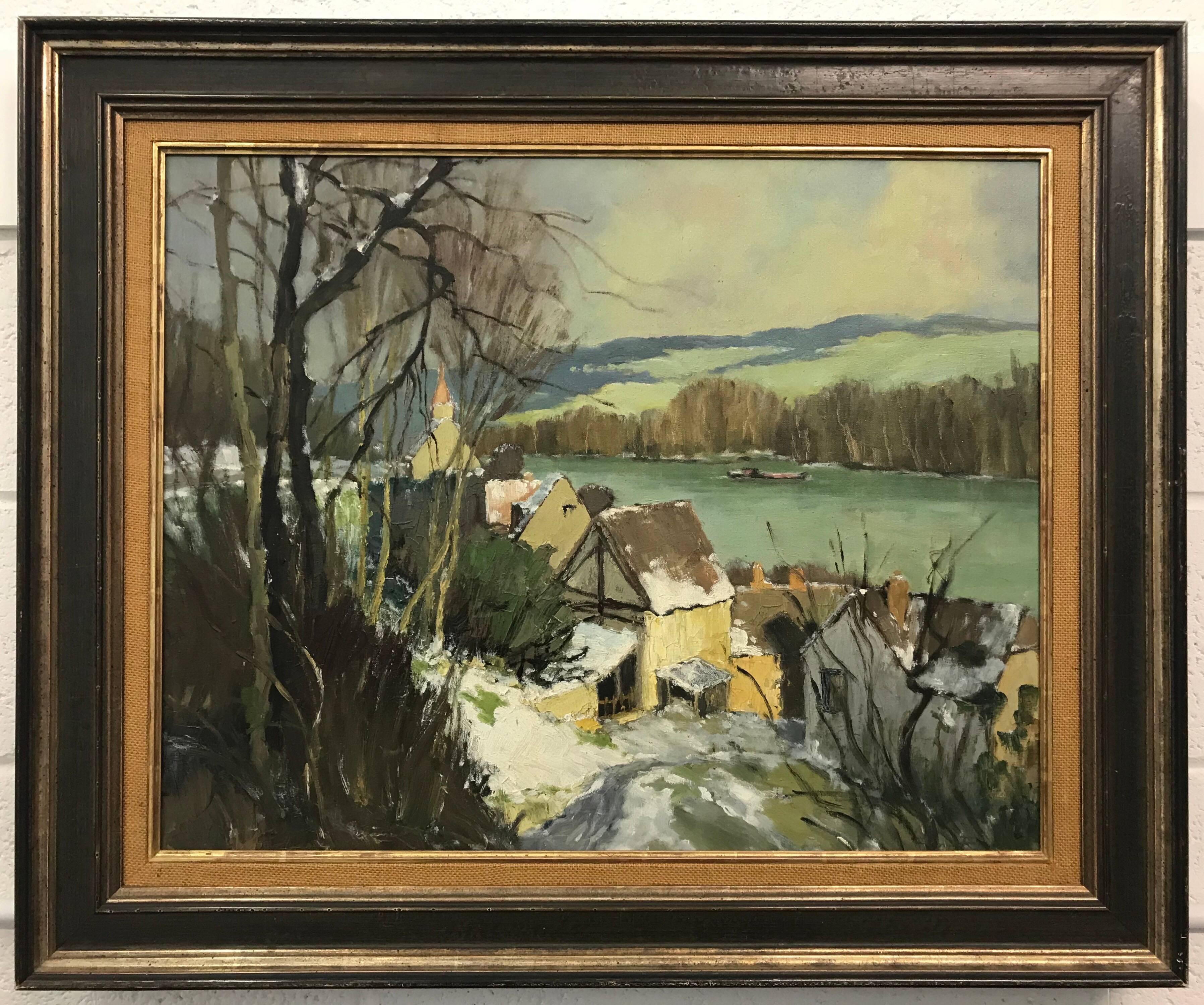 French Landscape Impressionistic Riverscape Painting by Modern French Artist, Georges Charles Robin (1903-2003). View of the River Seine, France, during the snow melt. Oil on Canvas, Signed on the lower right (faintly). Presented in an authentic