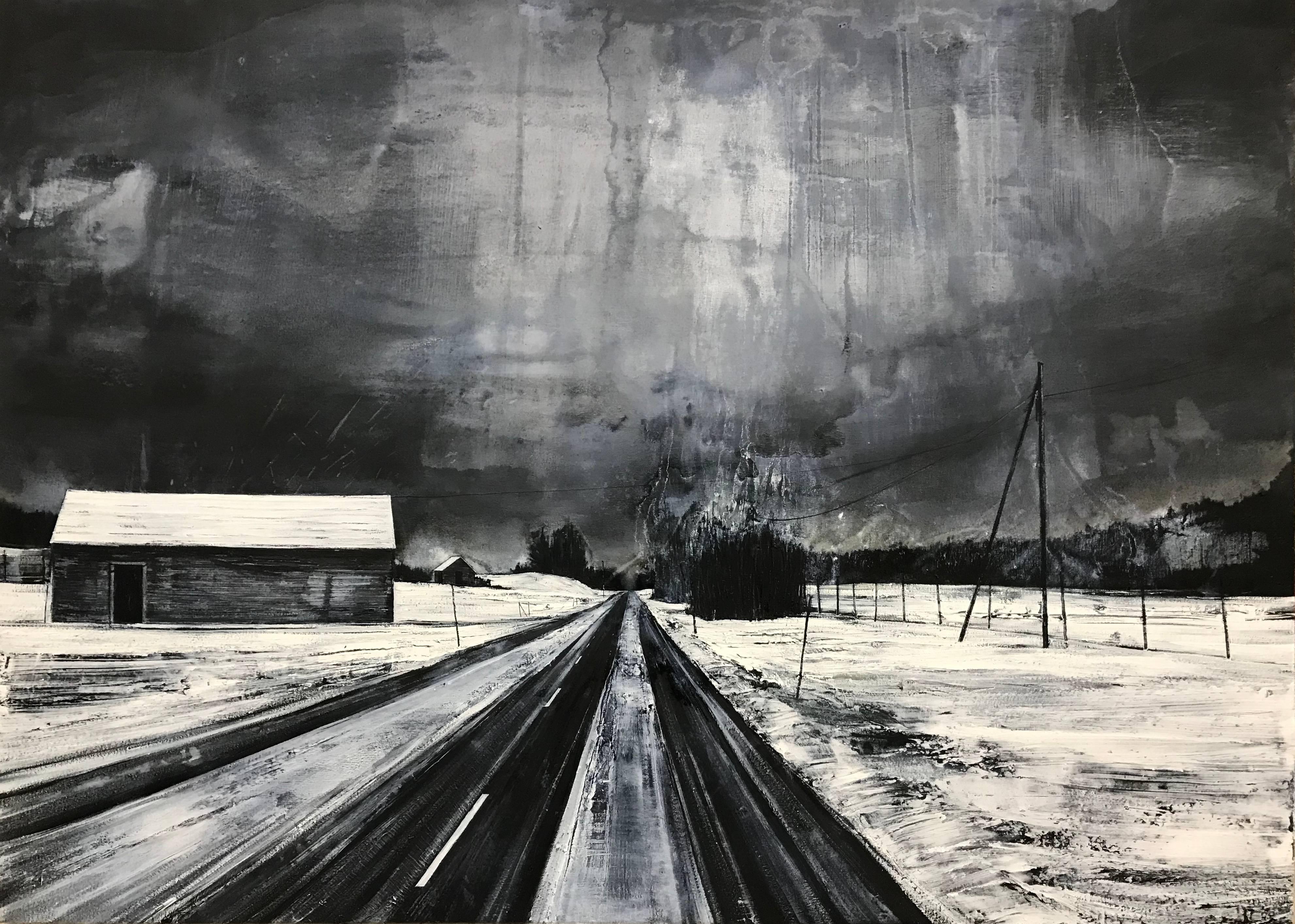 Paesaggio atmosferico in bianco e nero dipinto da un artista britannico contemporaneo