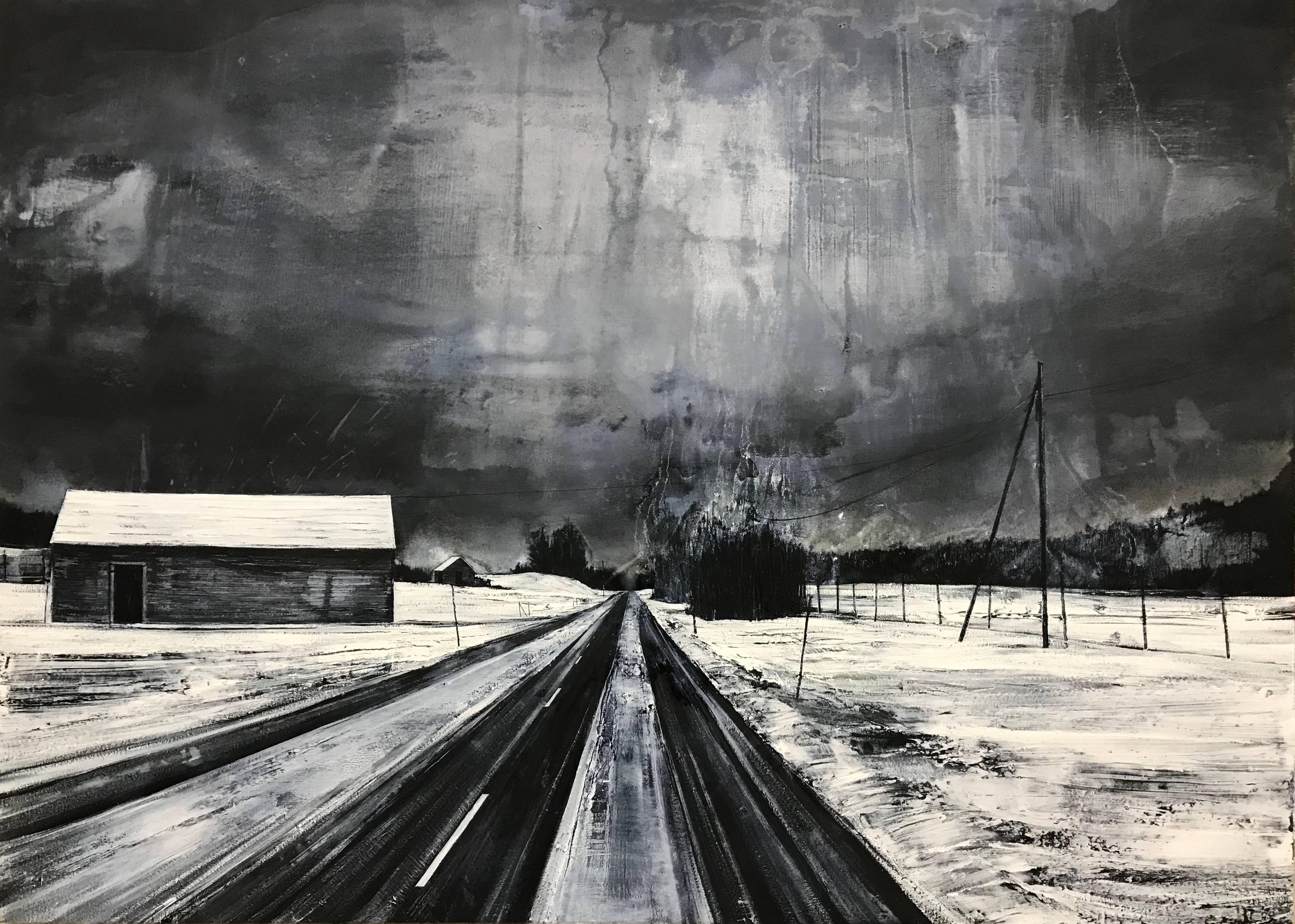 Peinture en noir et blanc d'un paysage atmosphérique par un artiste britannique contemporain