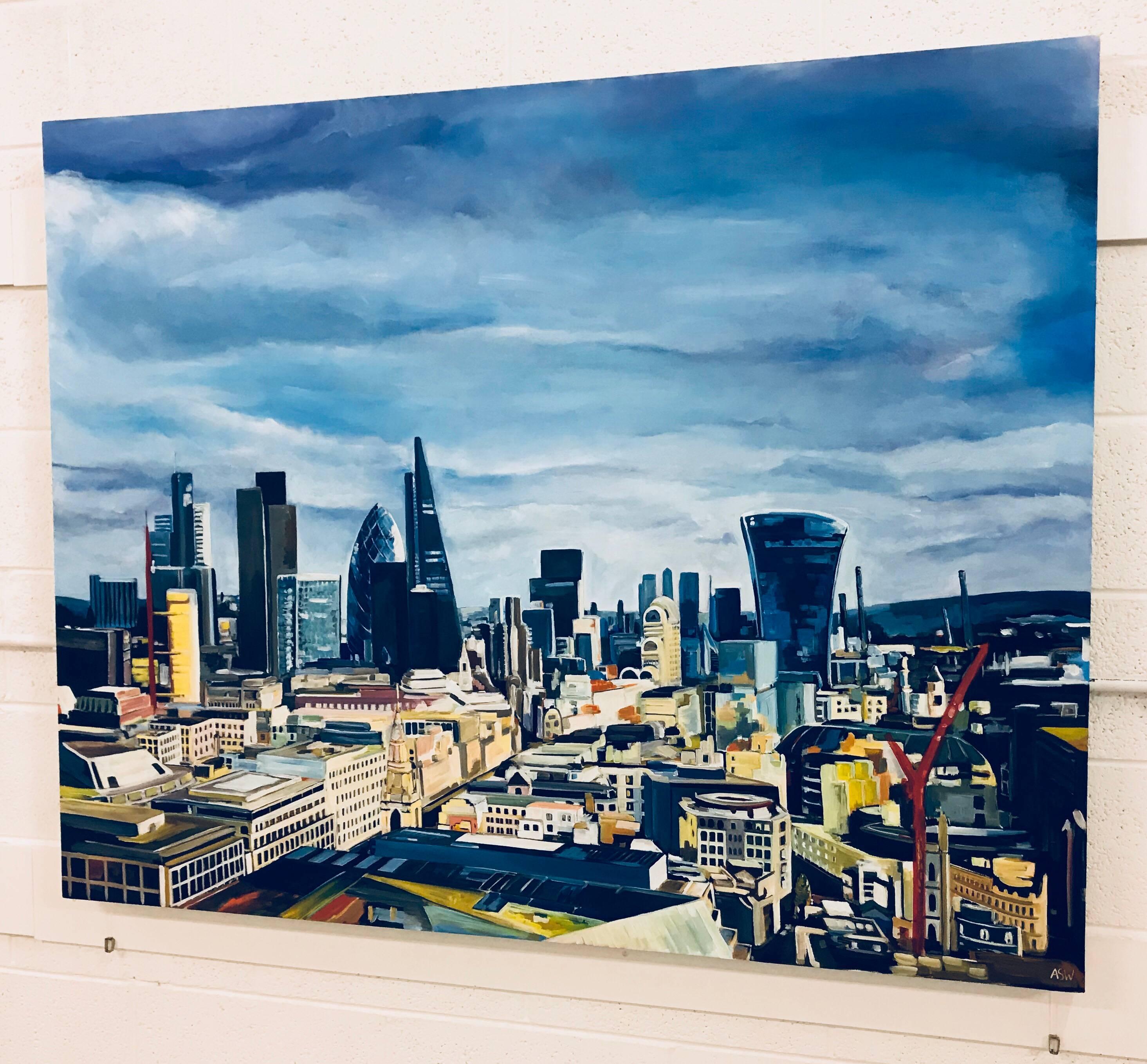 Original Painting City of the London Skyline by Collectible British Urban Artist - Gray Landscape Painting by Angela Wakefield
