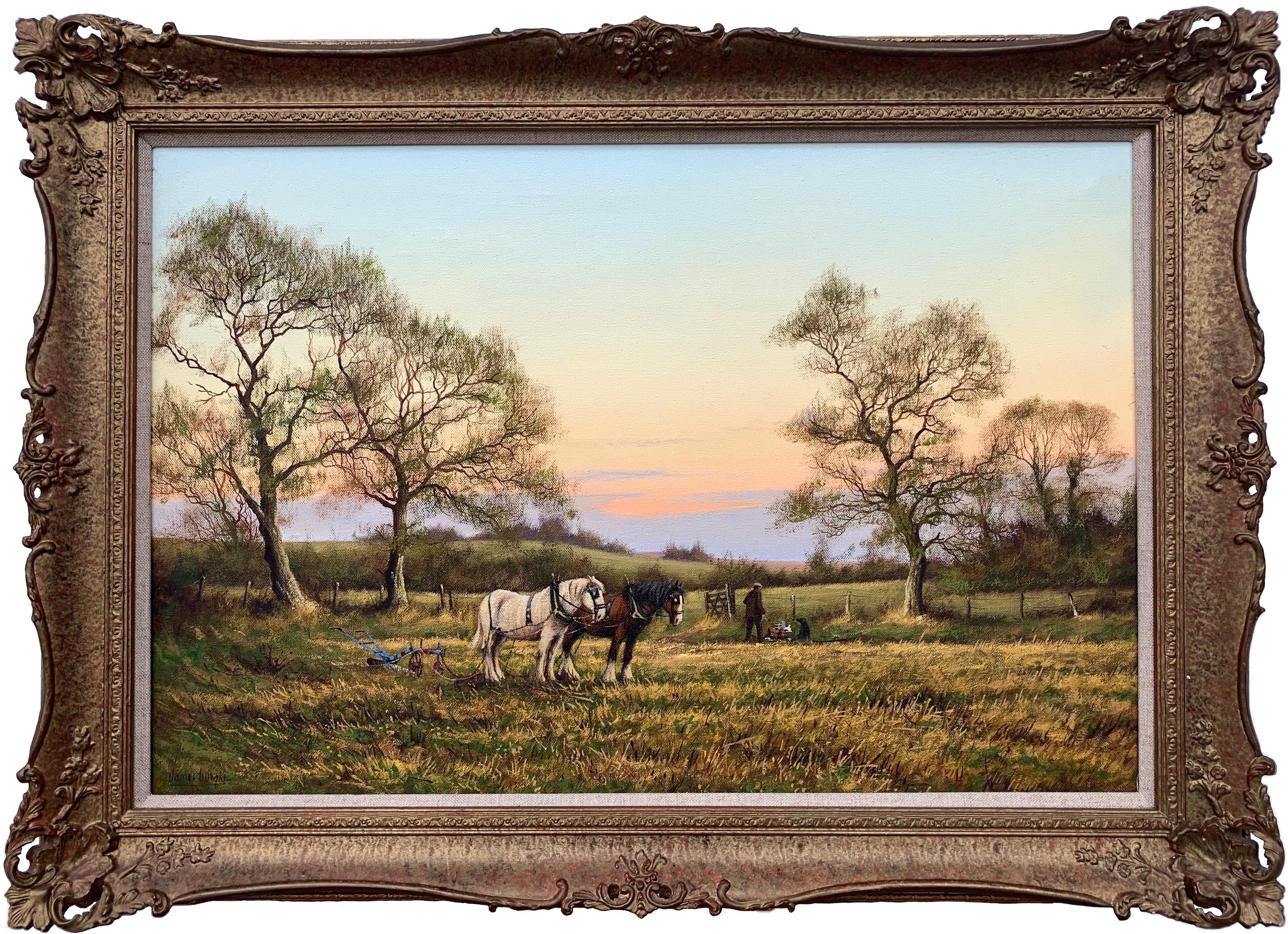 James Wright Figurative Painting - Horse Drawn Plough with Two Horses Ploughman and Dog by British Landscape Artist