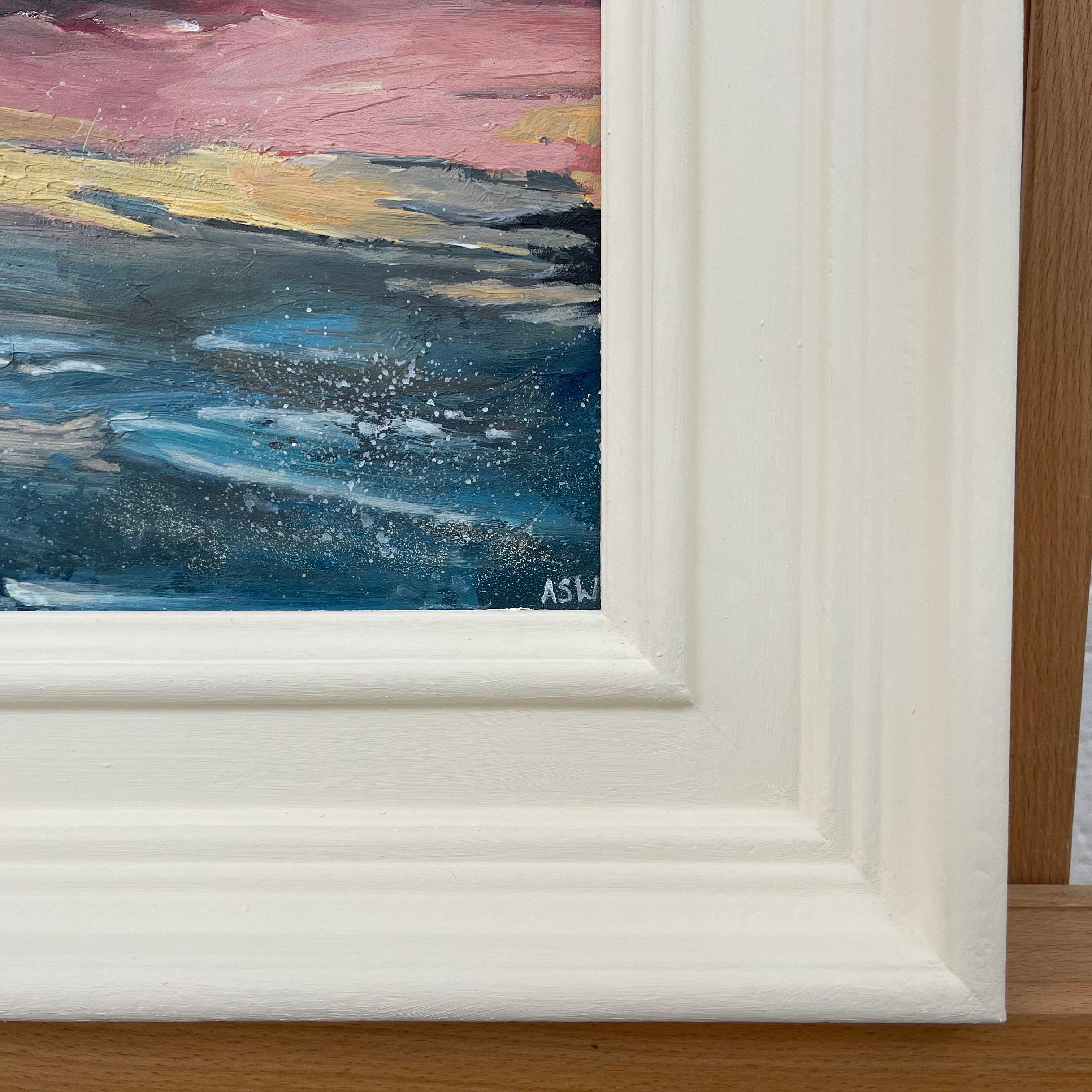 Miniature Abstract Beach Seascape Landscape Study by Contemporary British Artist - Gray Landscape Painting by Angela Wakefield