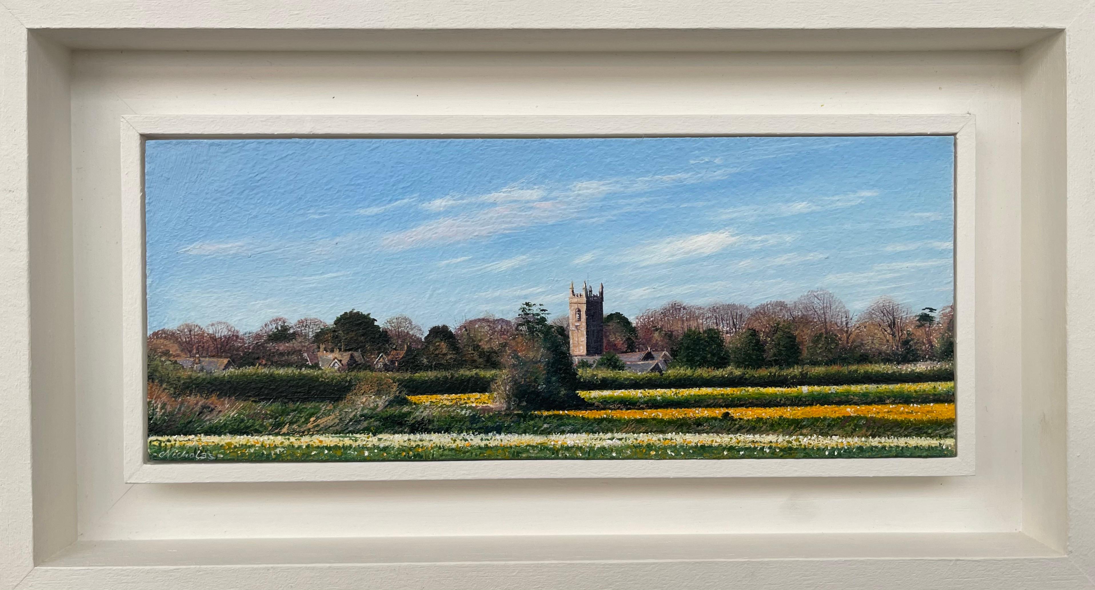 Daffodil Fields, paysage anglais, peinture de l'artiste photoréaliste contemporain Nicholas Smith. 

L'œuvre d'art mesure 8,5 x 3,5 pouces
Le cadre mesure 11,5 x 6,5 pouces  

Né en décembre 1960, fils de l'un des plus grands paysagistes