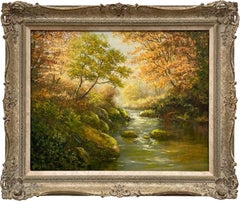 Oil Painting of Beautiful River Landscape Scene in Autumn Sun by British Artist