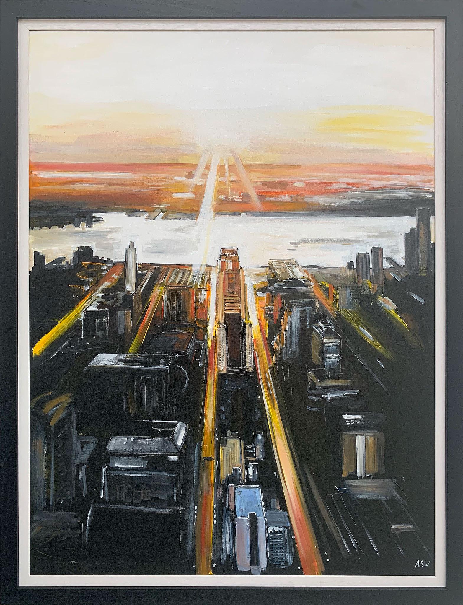 Abstract Painting Angela Wakefield - Peinture d'une vue aérienne de l'île de Manhattan à New York par l'artiste anglais