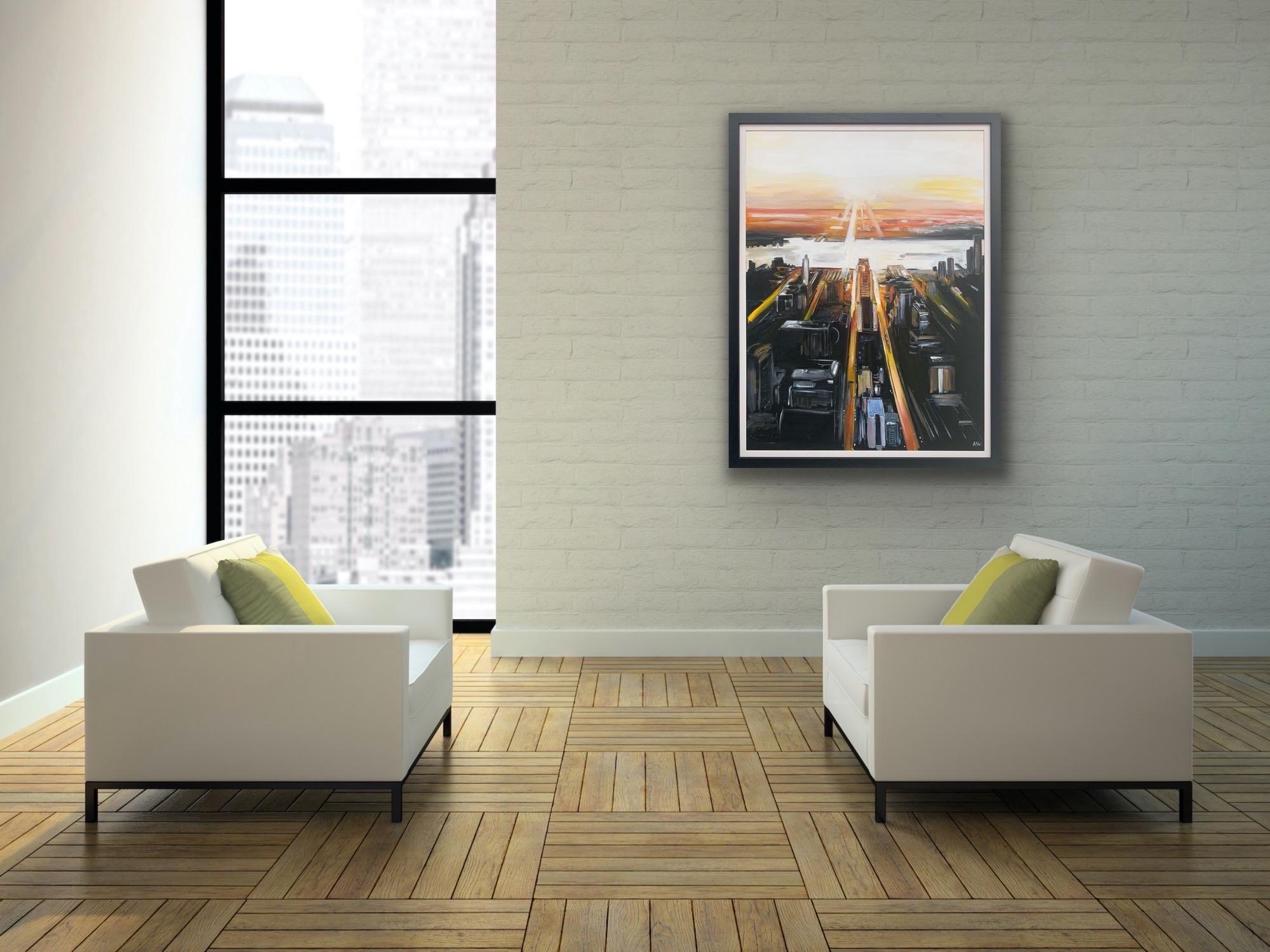 Peinture de paysage abstrait représentant une vue aérienne de l'île de Manhattan, New York, par l'artiste anglaise Angela Wakefield. Cet original est une représentation picturale et expressive d'une vue élevée de l'île de Manhattan, avec des coups