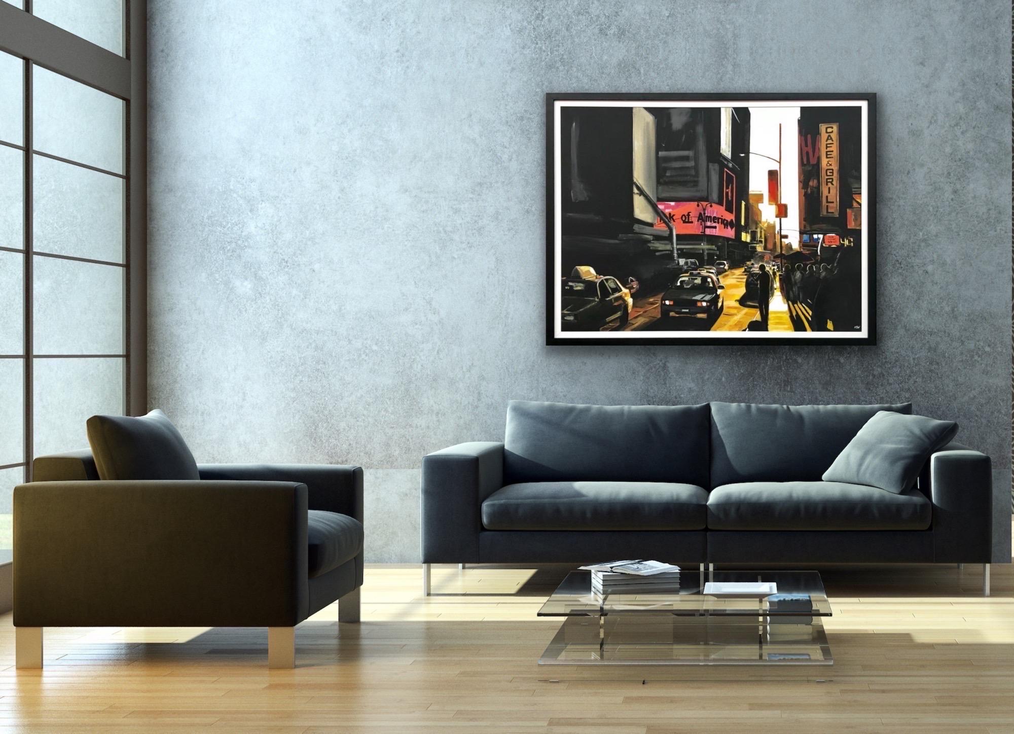 Großes stimmungsvolles schwarz-gelbes Gemälde des Broadway in New York City von der britischen Landschaftsmalerin Angela Wakefield. Dieses einzigartige Original ist Teil ihrer New Yorker Serie und wurde bereits in Ausstellungen in England gezeigt