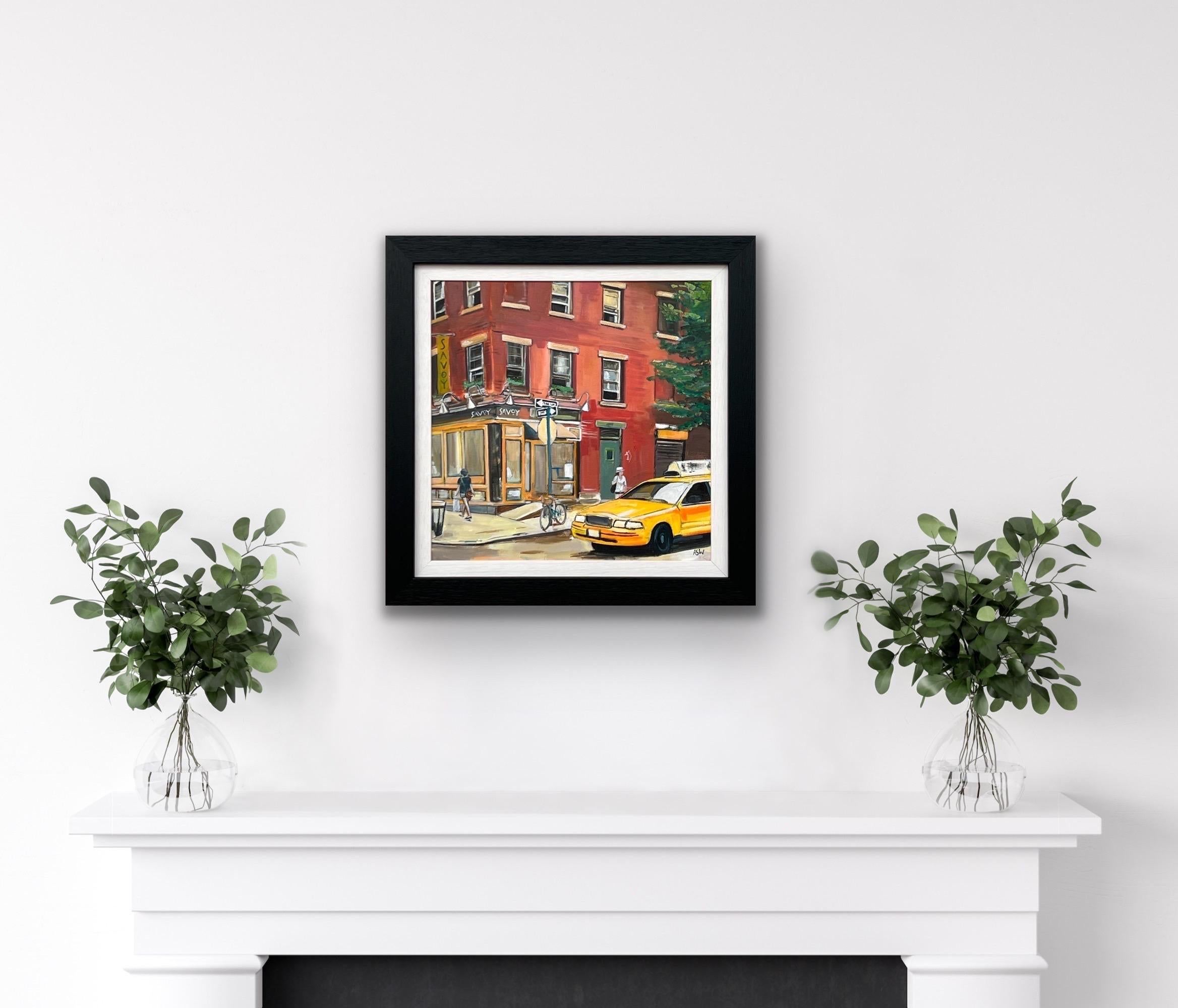 Original Painting of New York Street Corner Scene, featuring the Savoy Restaurant in Soho NYC, by Contemporary British Artist, Angela Wakefield.

Art measures 16 x 16 inches 
Frame measures 20 x 20 inches 

Angela Wakefield has twice been on the