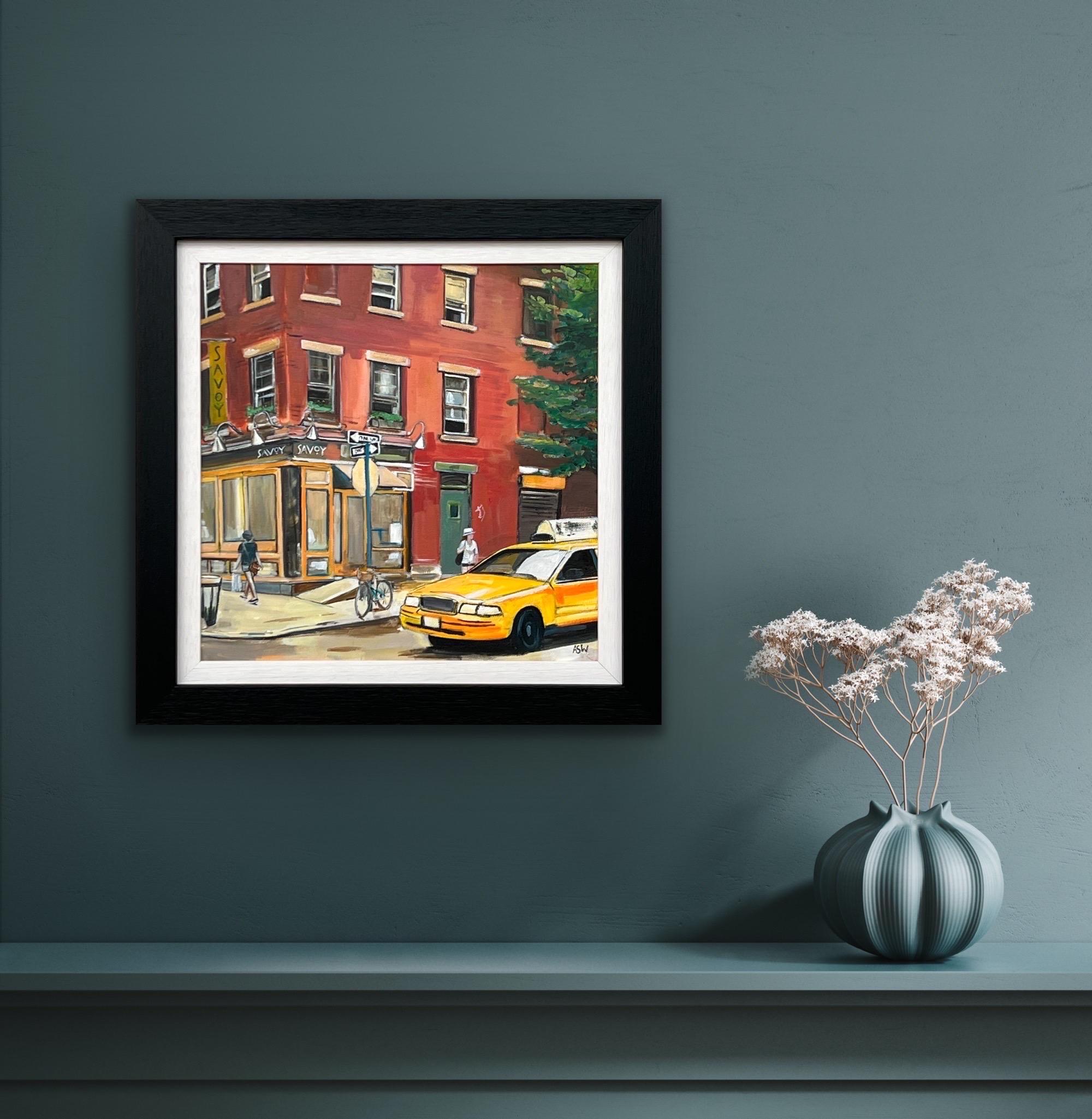 Painting of New York Street Corner Scene by Contemporary British Artist - Black Landscape Painting by Angela Wakefield