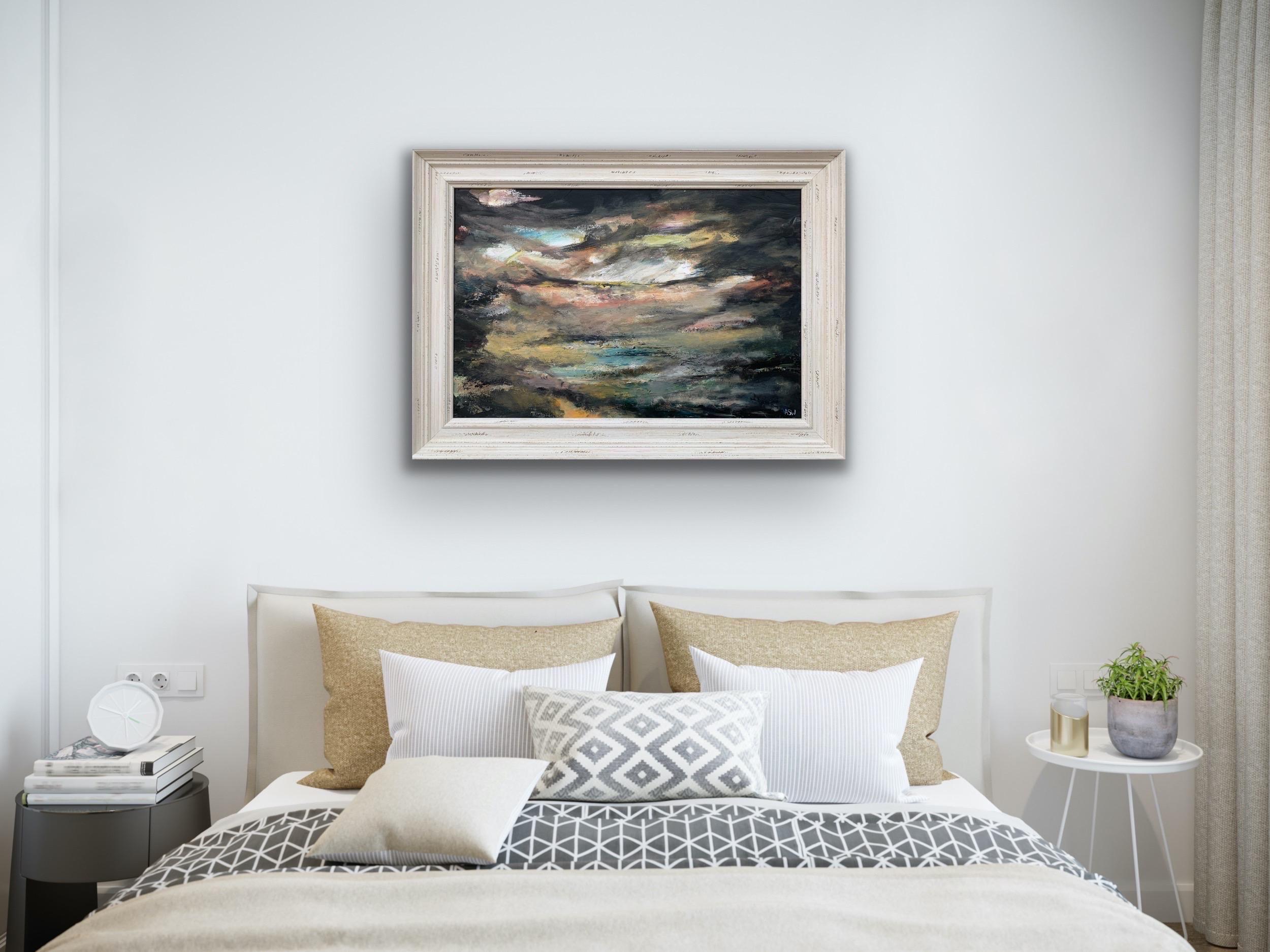 Dark Atmospheric Abstract Landscape Painting of the English Countryside by Leading Contemporary British Artist, Angela Wakefield 

Art measures 30 x 20 inches
Frame measure 35.5 x 25.5 inches 

Angela Wakefield has twice been on the front cover of