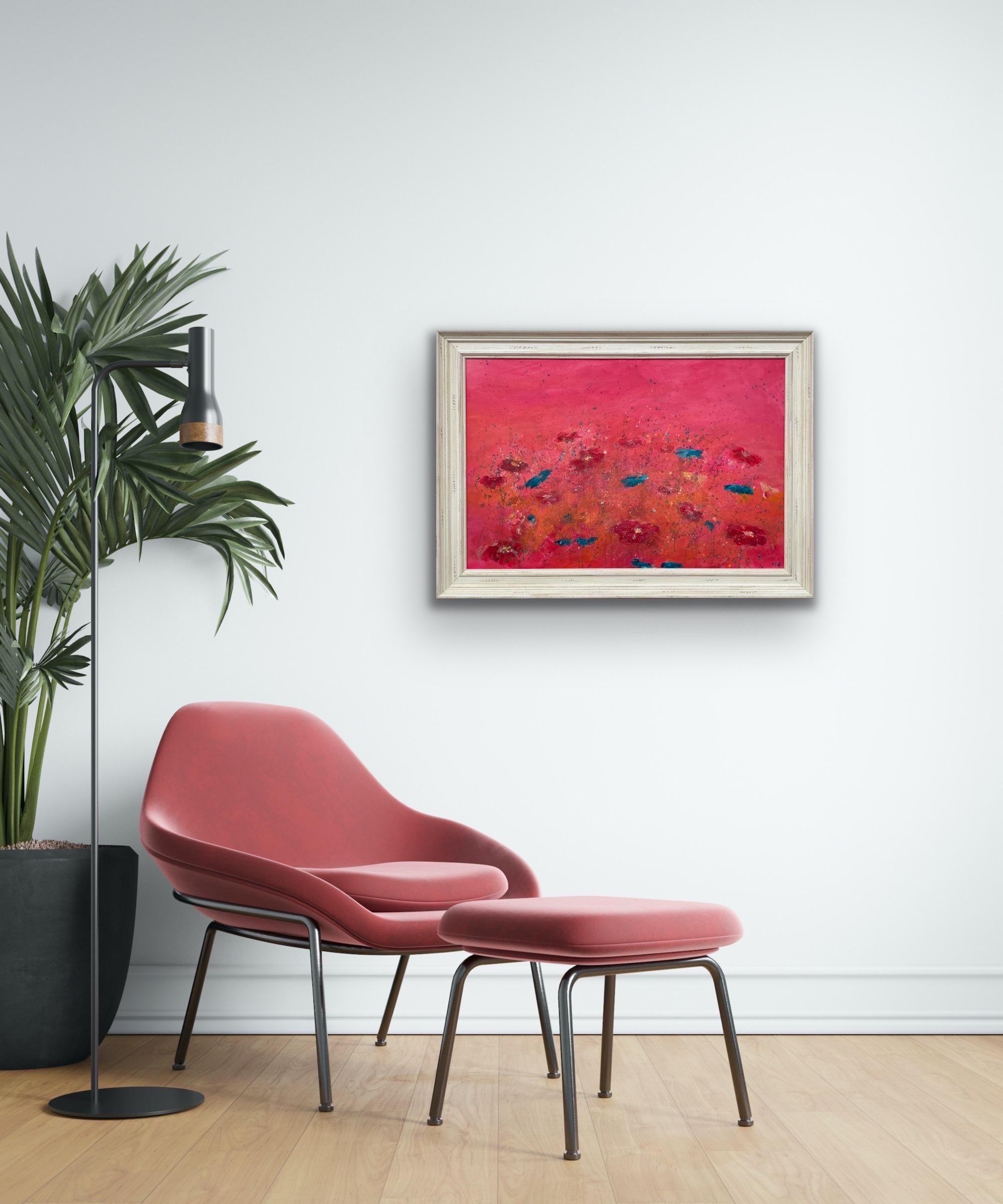 Des fleurs abstraites turquoises et rouges sur fond rose de l'artiste paysagiste britannique - Impressionnisme abstrait Art par Angela Wakefield