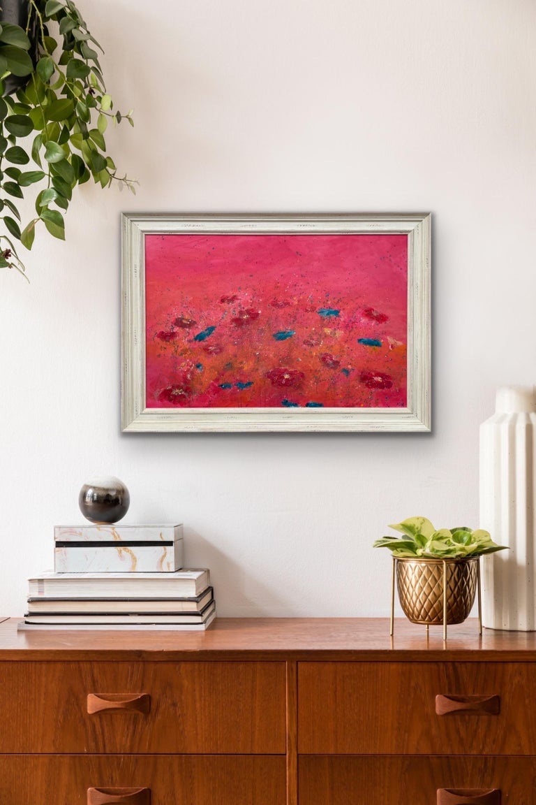 Painting of Abstract Turquoise & Red Flowers on a Pink Background by British Landscape Artist, Angela Wakefield. This original is from the 'Spring Burst' Interior Design Series. Framed in a high quality off-white shabby chic contemporary wooden