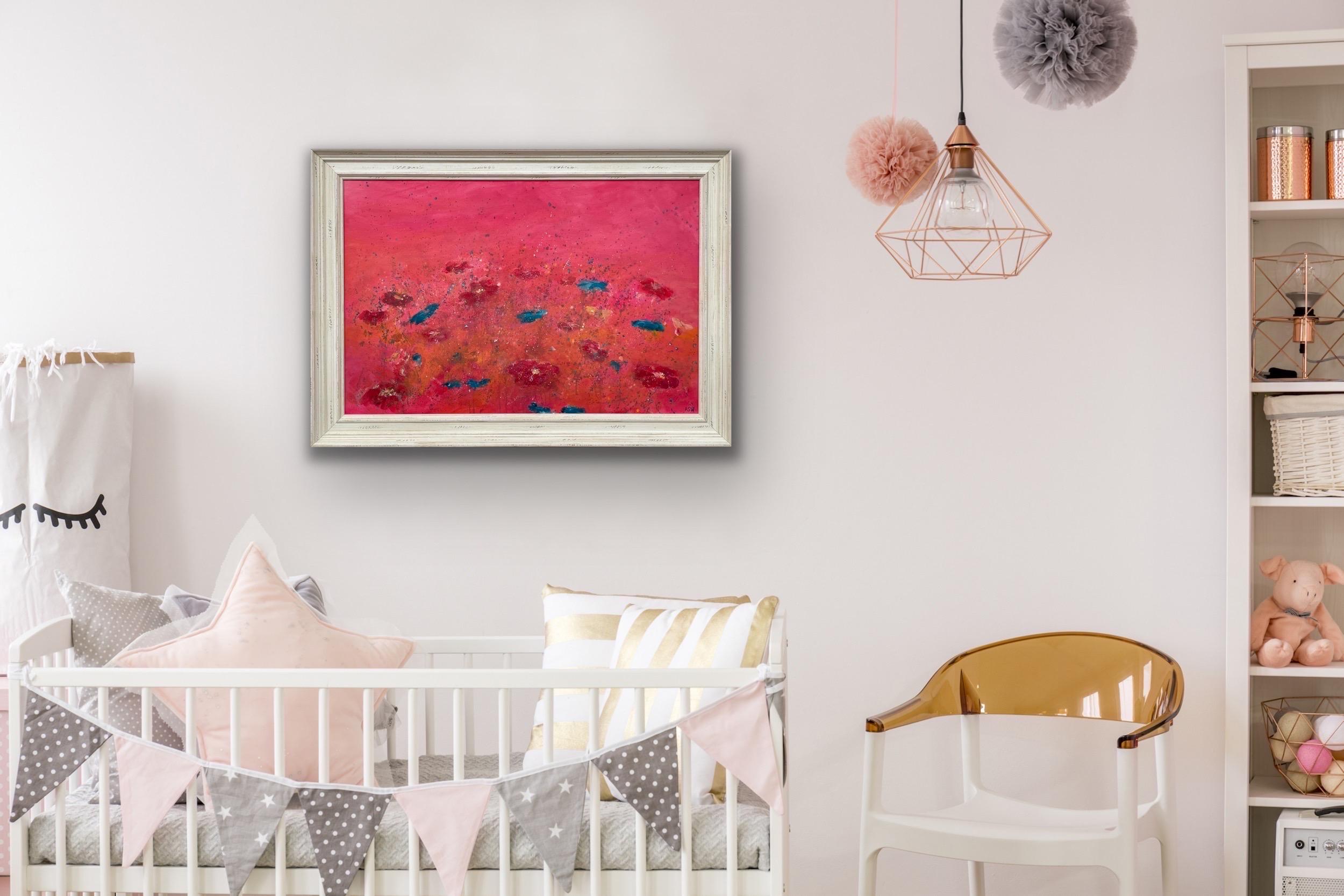 Painting of Abstract Turquoise & Red Flowers on a Pink Background by British Landscape Artist, Angela Wakefield. This original is from the 'Spring Burst' Interior Design Series. Framed in a high quality off-white shabby chic contemporary wooden