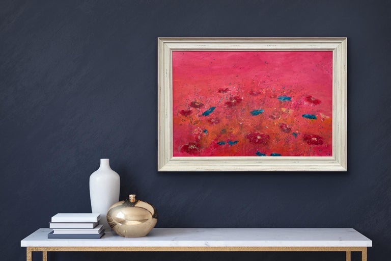 Abstract Turquoise & Red Flowers on Pink Background by British Landscape Artist For Sale 2