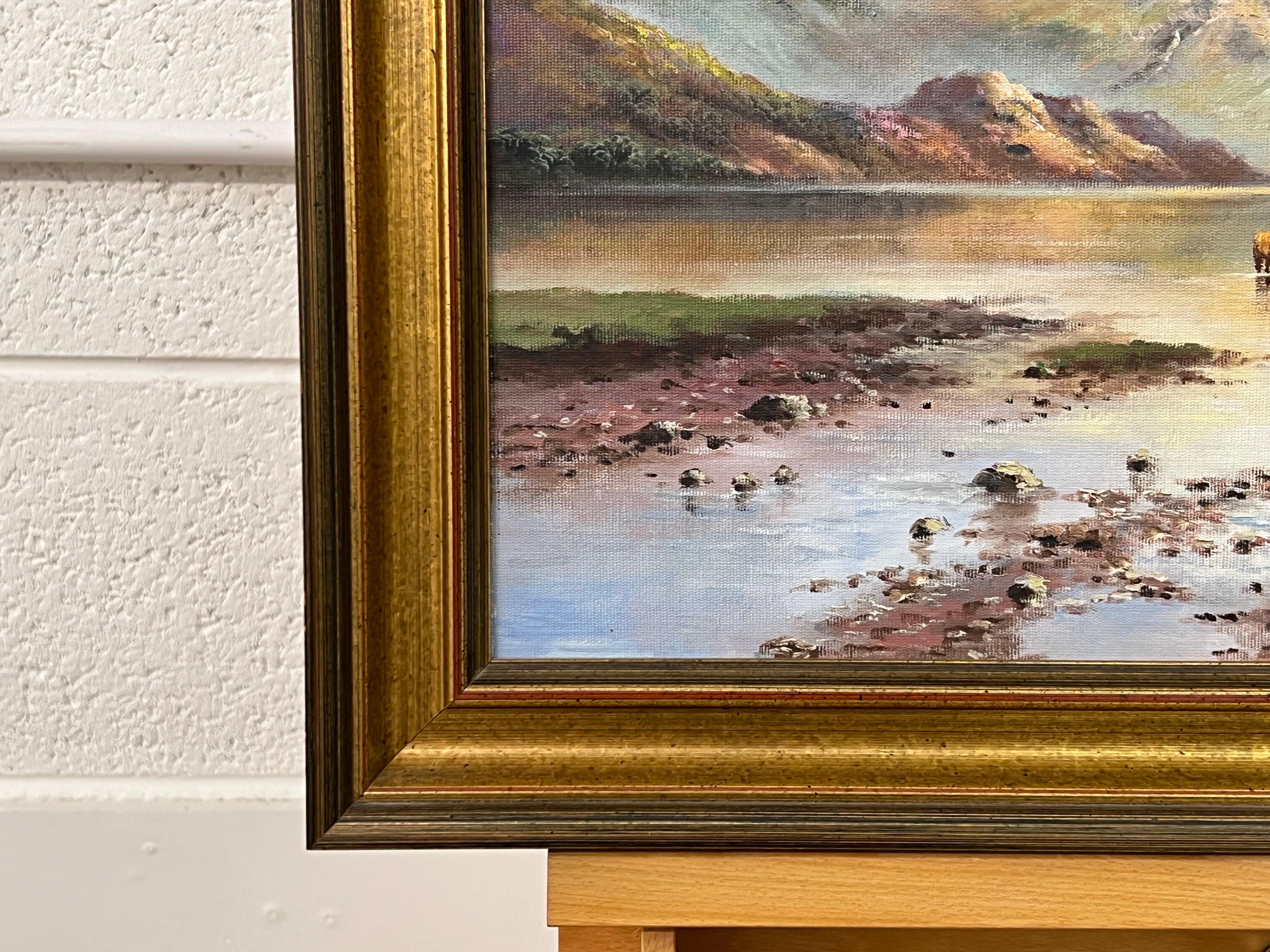 Oil Painting of Highland Cows in Scotland Loch by 20th Century British Artist For Sale 8