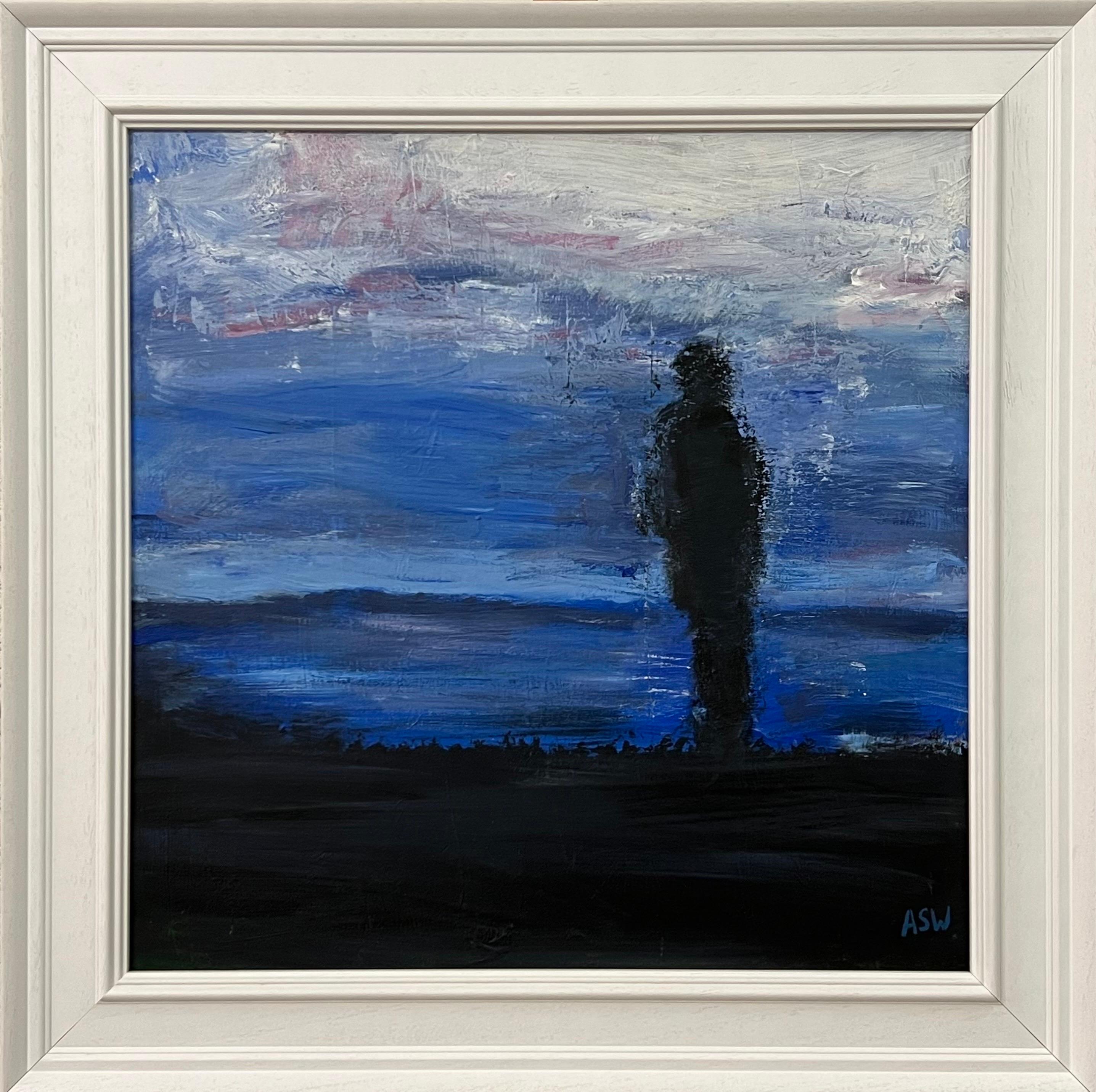 Angela Wakefield Figurative Painting - Man on the Hill Original Painting "Contemplation" by Contemporary British Artist