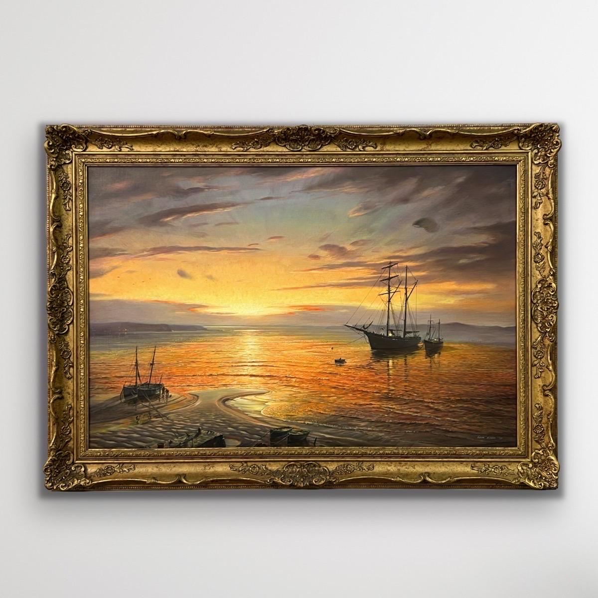 Pittura a olio di navi nella baia al tramonto di un artista britannico del 20�° secolo - Painting di Victor Elford